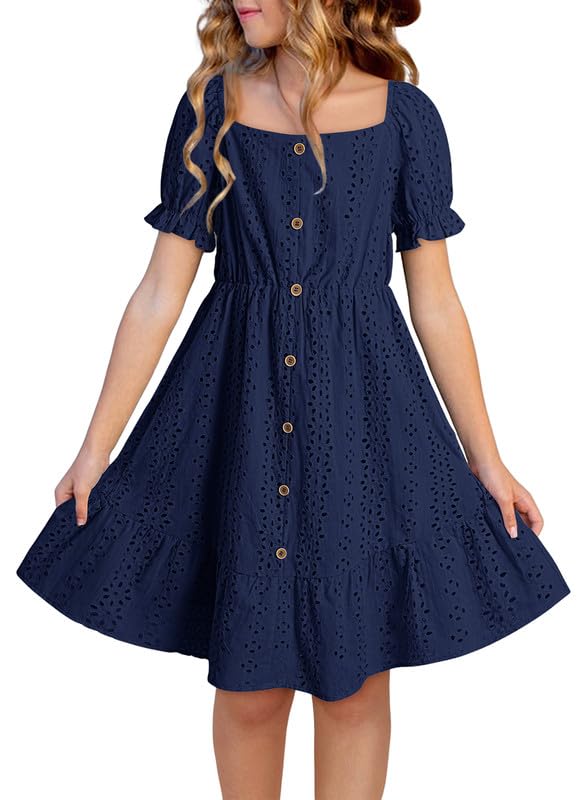 DOKOTOO KIDS Girls Dresses Summer Short Sleeve Casual A-line Button Down Eyelet Midi Dress 6-15 Years