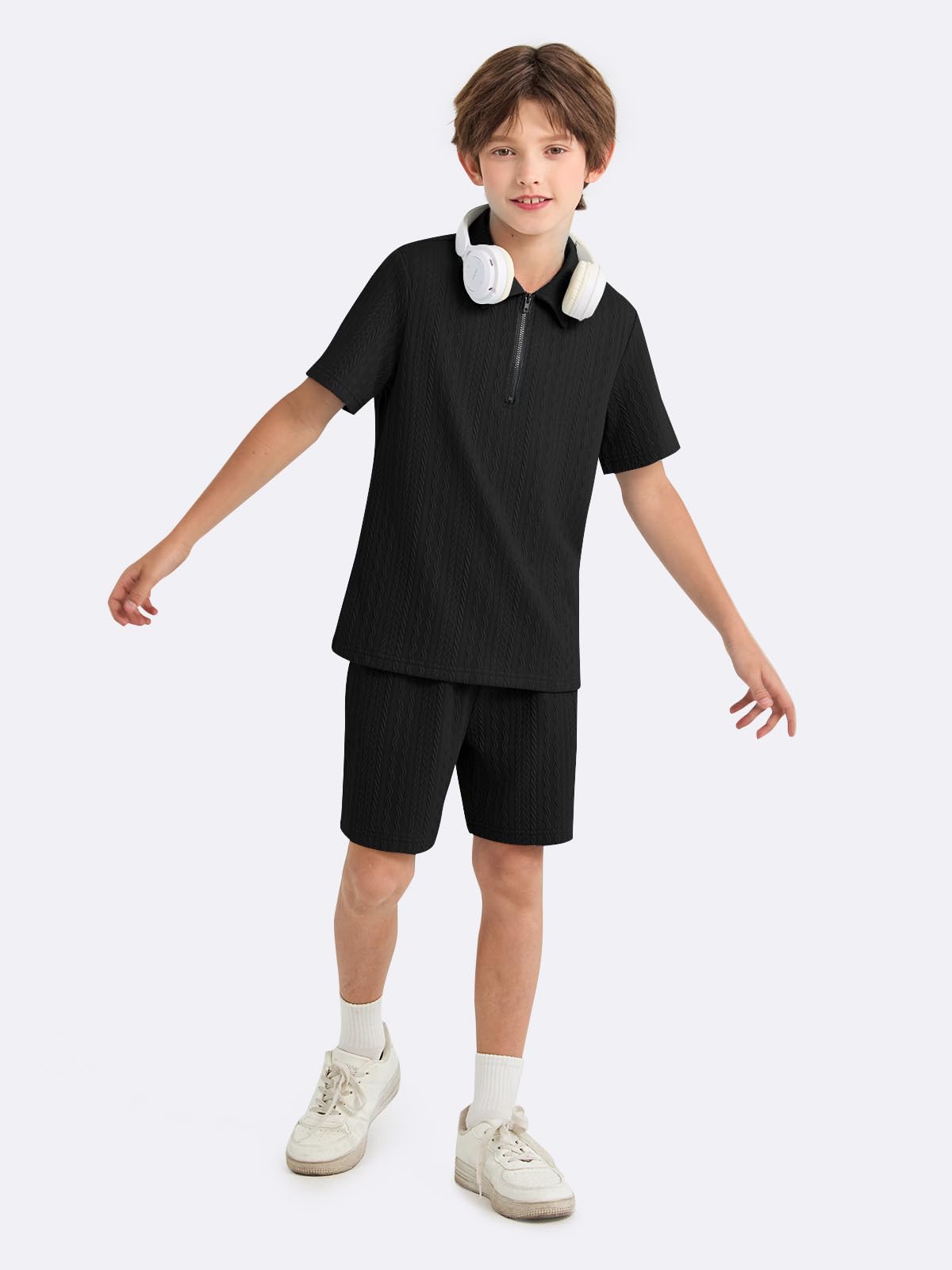 Haloumoning Boys 2 Piece Summer Outfits Kids Quarter Zip Polo Shirt and Shorts Set Athletic Tracksuit 5-14 Years