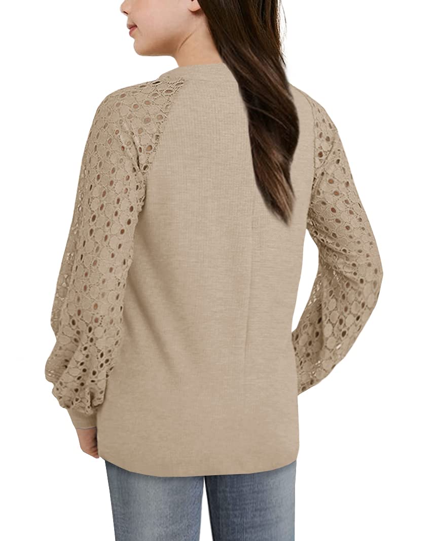 Apbondy Girls Long Sleeve Shirts Casual Crew Neck Lace Loose Blouse Tops