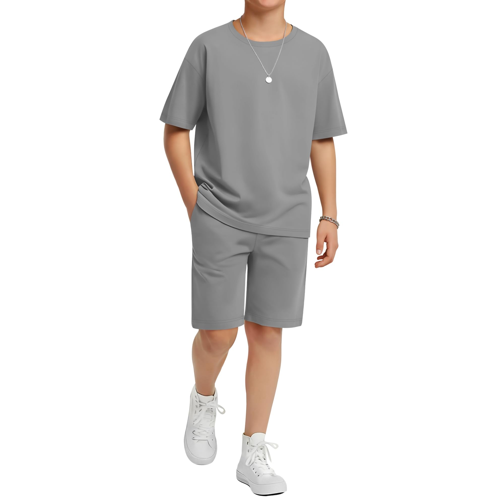 LessonZoo Boy's 2 Piece Outfits Set Summer Comfy Crewneck Oversized Short Sleeve Shirts Shorts Casual Clothing 5-14 Years