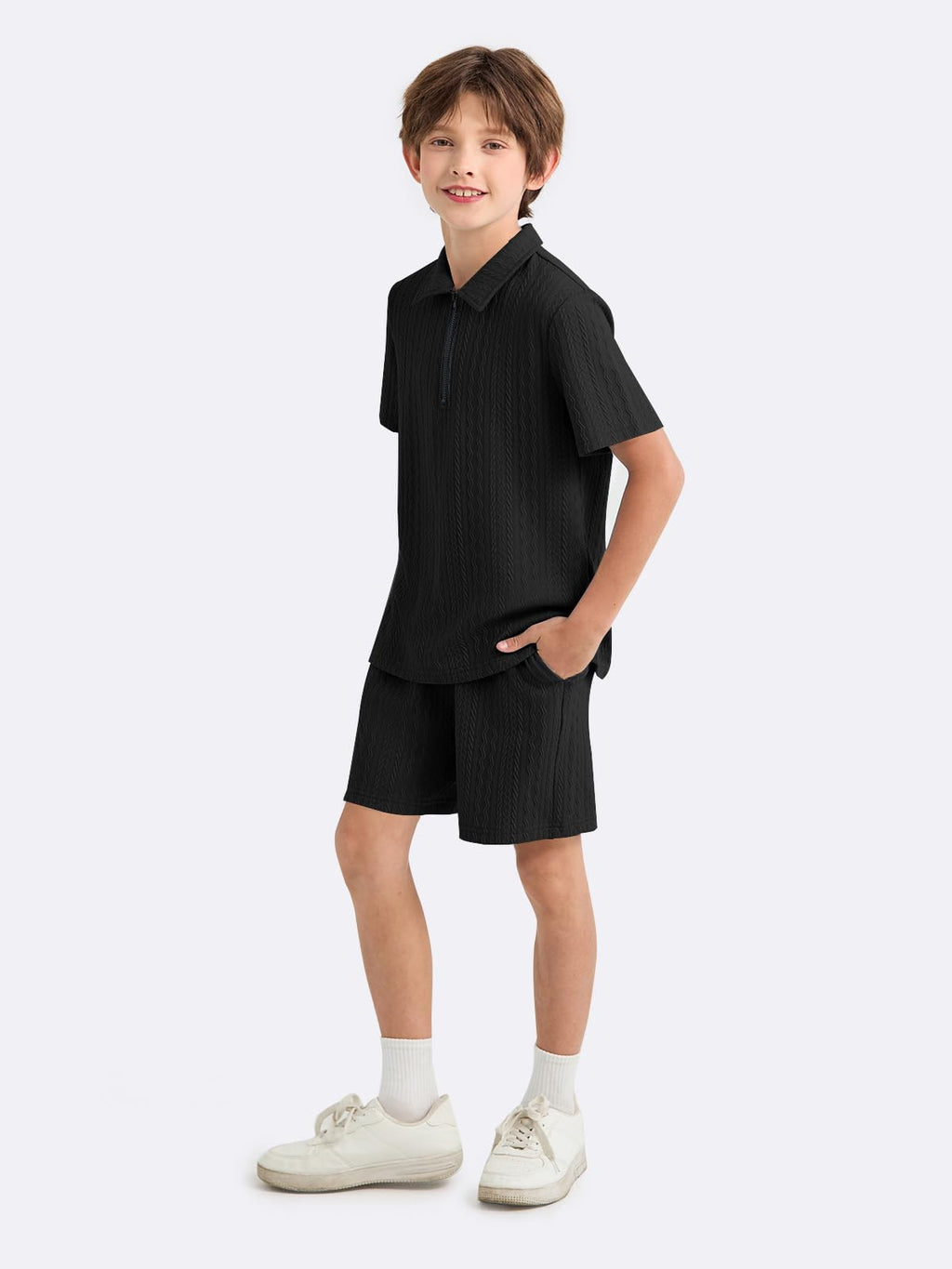 Haloumoning Boys 2 Piece Summer Outfits Kids Quarter Zip Polo Shirt and Shorts Set Athletic Tracksuit 5-14 Years