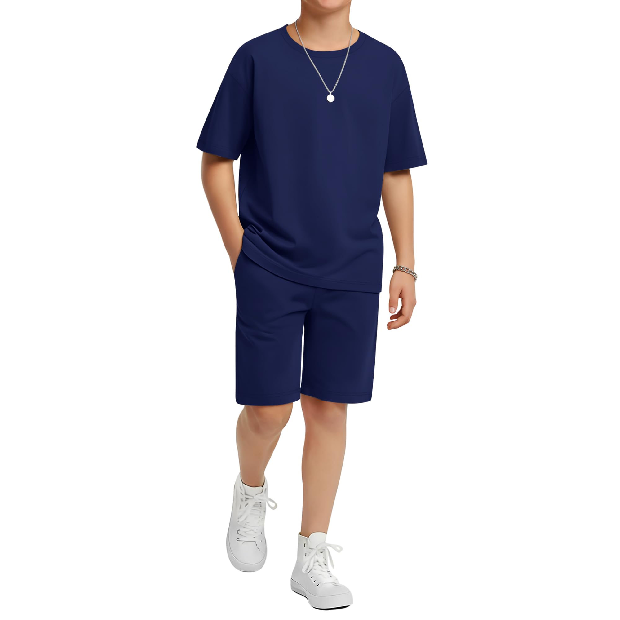 LessonZoo Boy's 2 Piece Outfits Set Summer Comfy Crewneck Oversized Short Sleeve Shirts Shorts Casual Clothing 5-14 Years