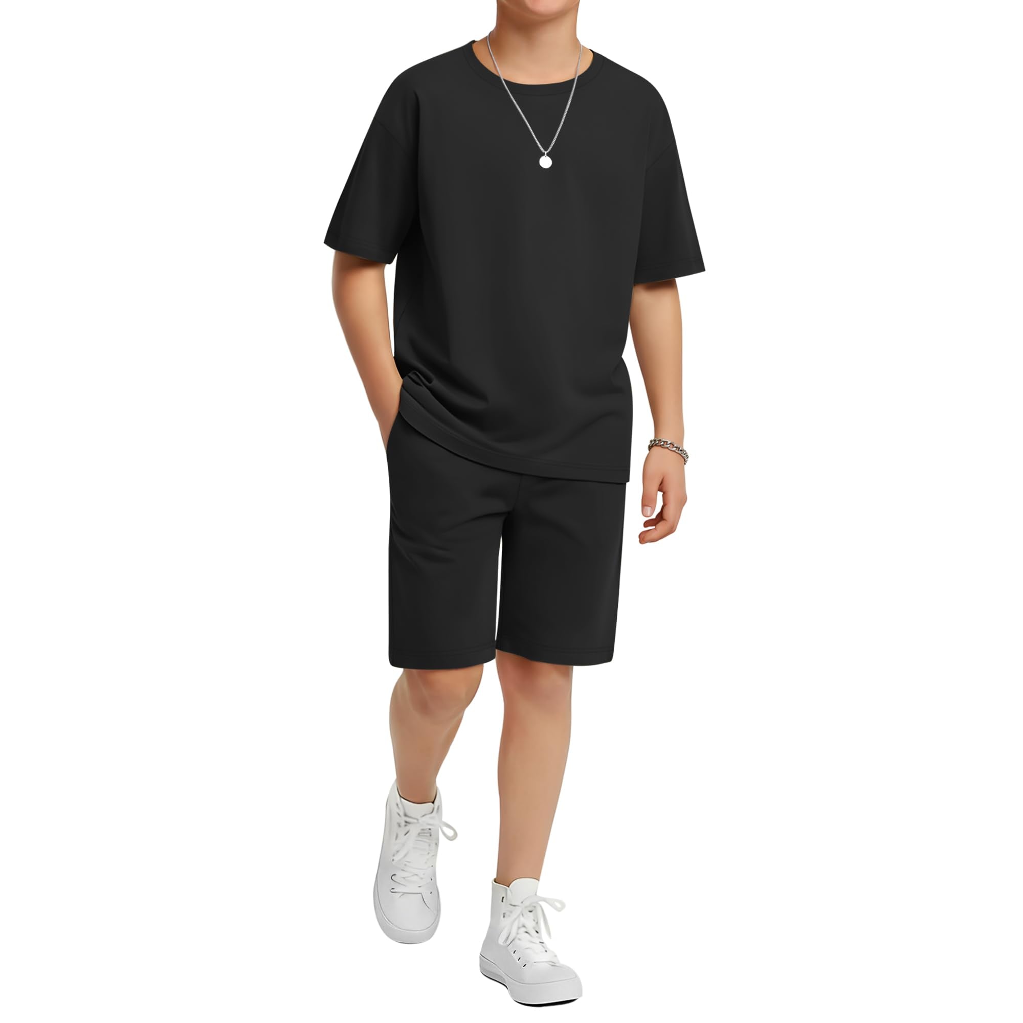 LessonZoo Boy's 2 Piece Outfits Set Summer Comfy Crewneck Oversized Short Sleeve Shirts Shorts Casual Clothing 5-14 Years