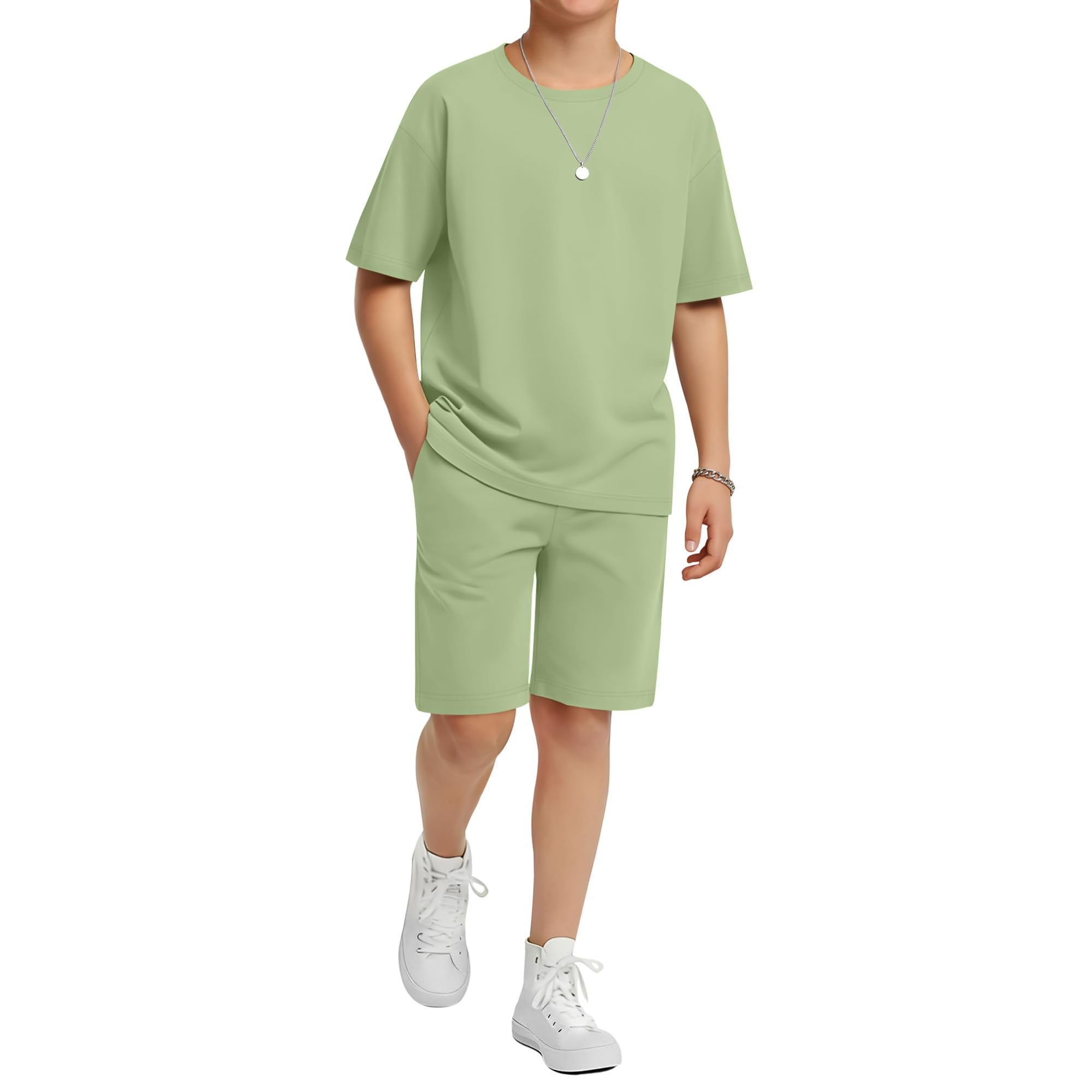 LessonZoo Boy's 2 Piece Outfits Set Summer Comfy Crewneck Oversized Short Sleeve Shirts Shorts Casual Clothing 5-14 Years