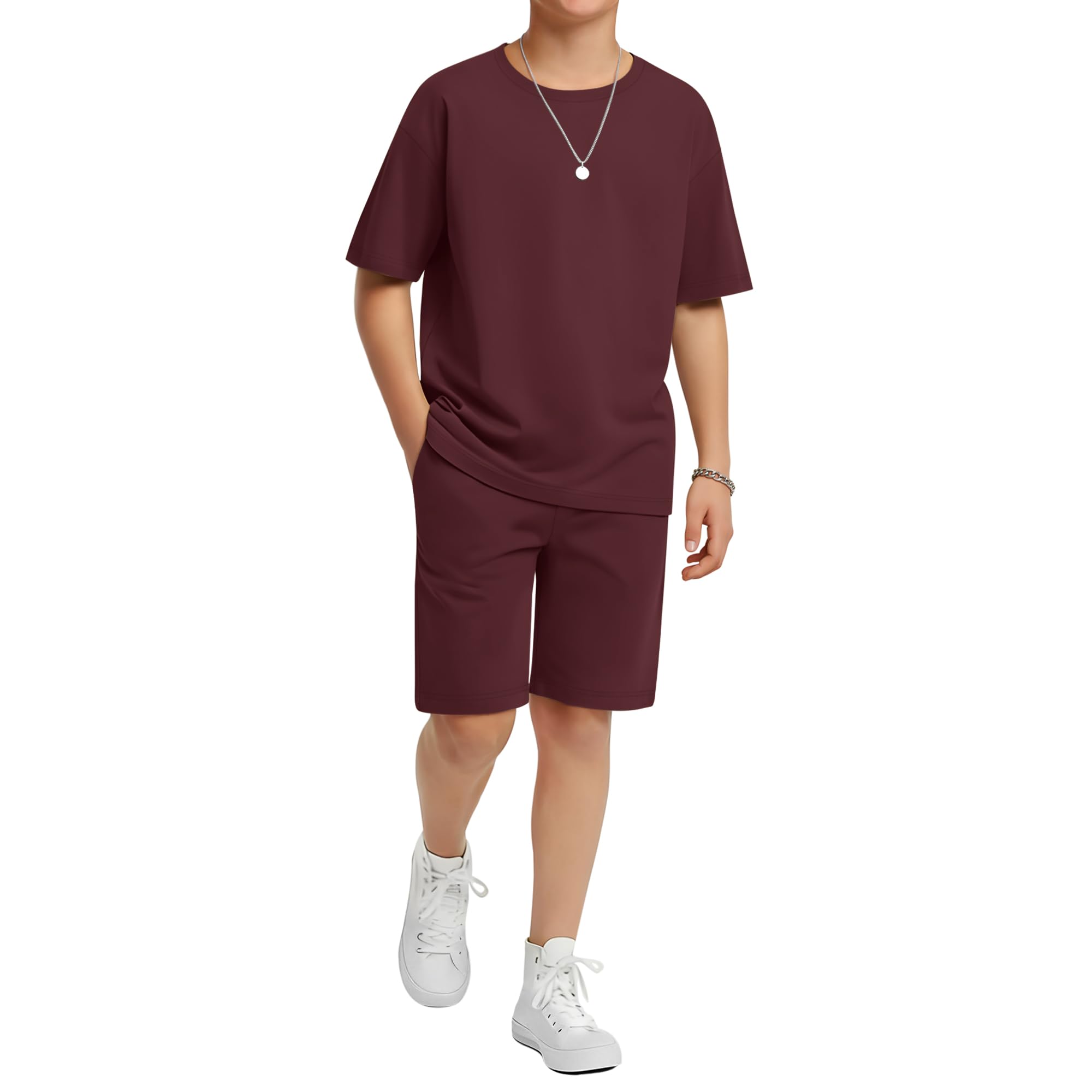 LessonZoo Boy's 2 Piece Outfits Set Summer Comfy Crewneck Oversized Short Sleeve Shirts Shorts Casual Clothing 5-14 Years
