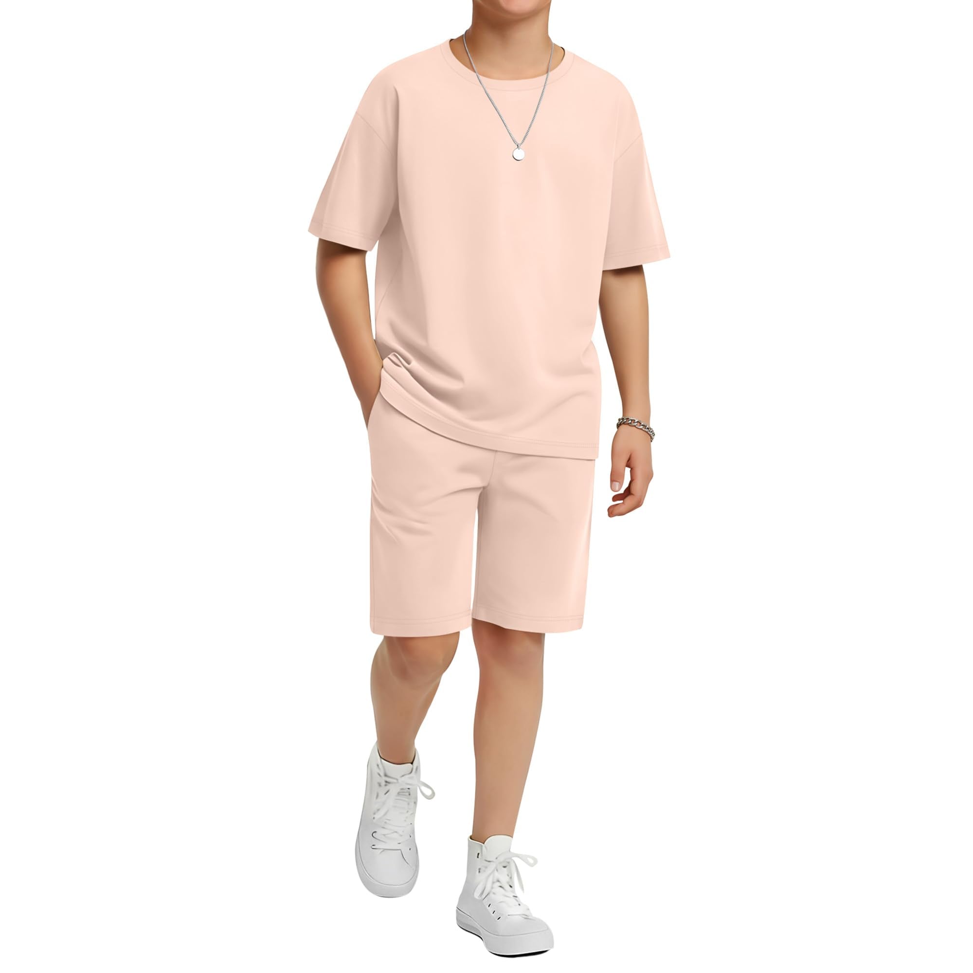 LessonZoo Boy's 2 Piece Outfits Set Summer Comfy Crewneck Oversized Short Sleeve Shirts Shorts Casual Clothing 5-14 Years