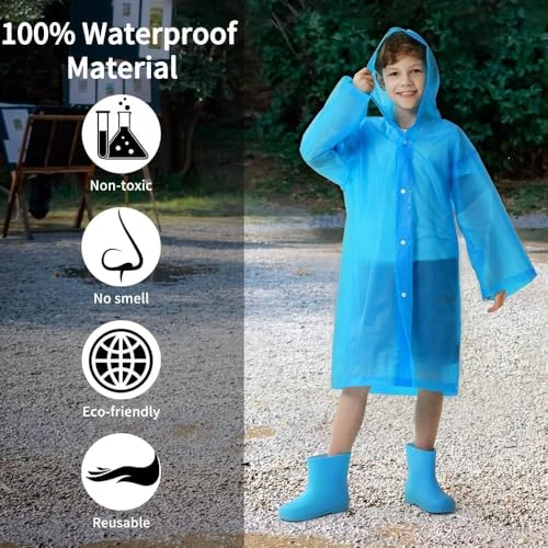 Opret 2 Pack Raincoats for Kids, Reusable Rain Ponchos with Hood and Sleeves Waterproof Rain Coats for Boys and Girls