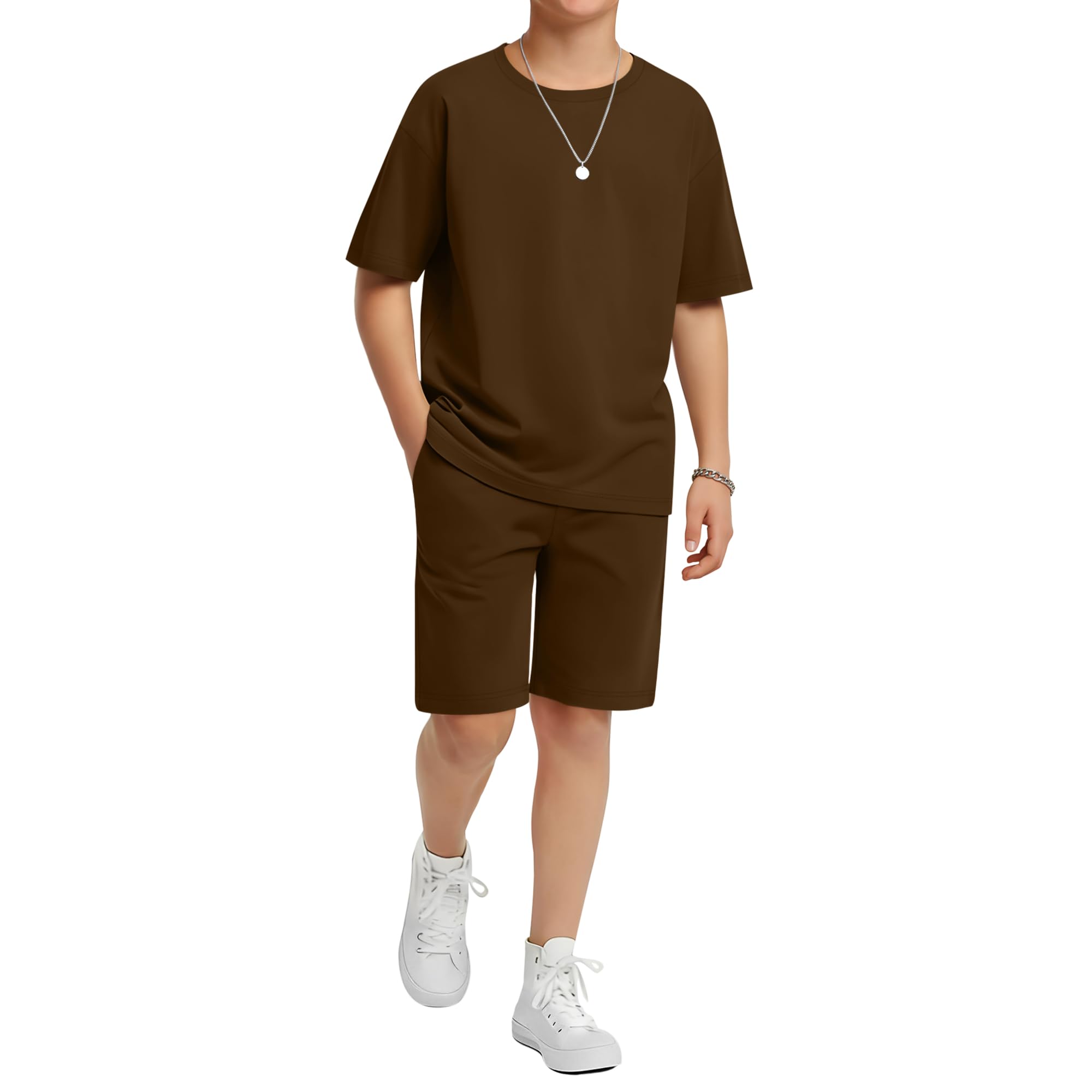 LessonZoo Boy's 2 Piece Outfits Set Summer Comfy Crewneck Oversized Short Sleeve Shirts Shorts Casual Clothing 5-14 Years
