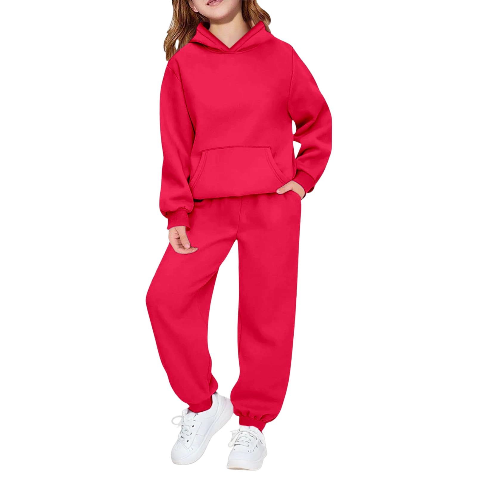 Hoodie Sweatsuit Set for Boys Girls 2 Piece Hooded Sweatshirt Jogger Sweatpants Tracksuit Kids Athletic Solid Outfits