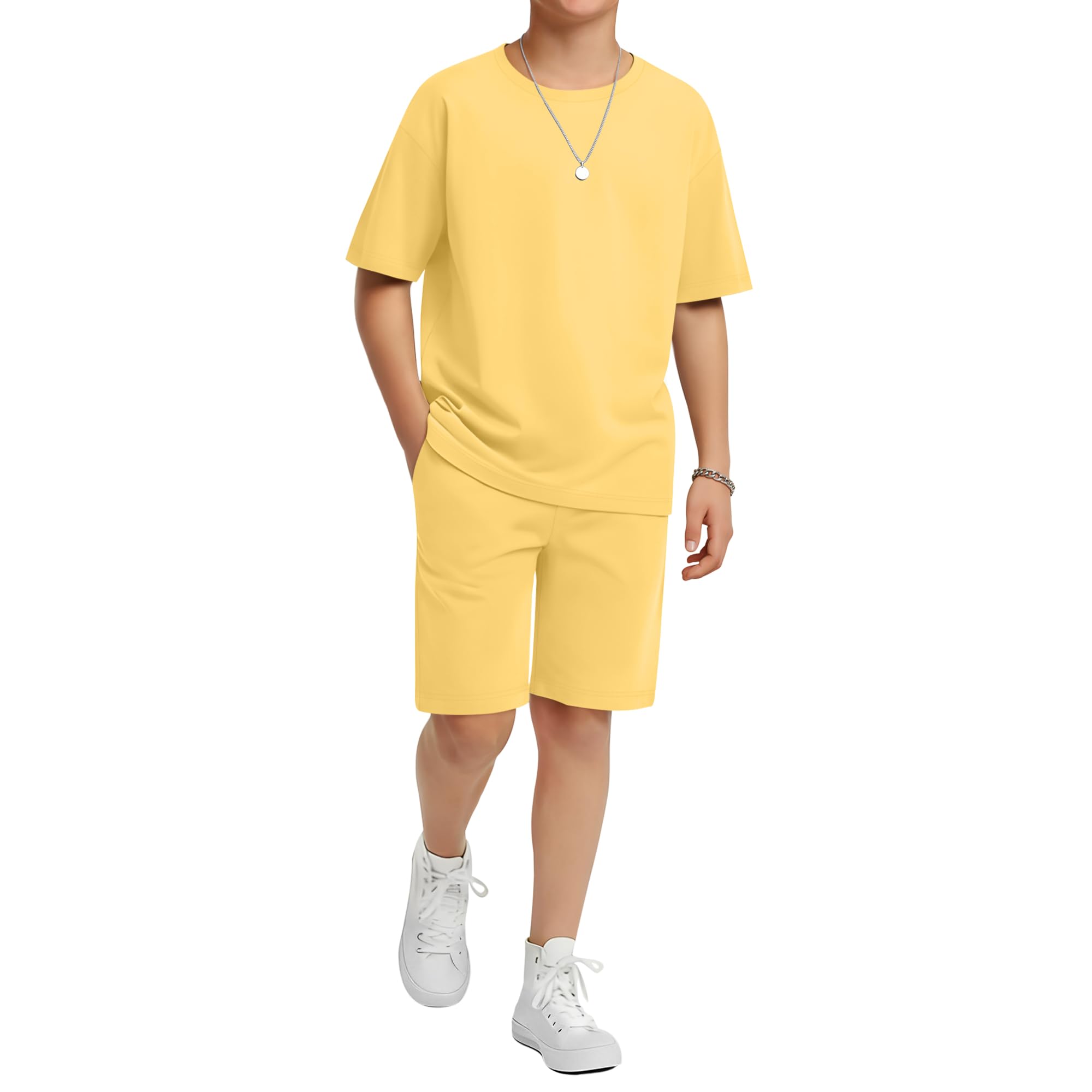 LessonZoo Boy's 2 Piece Outfits Set Summer Comfy Crewneck Oversized Short Sleeve Shirts Shorts Casual Clothing 5-14 Years