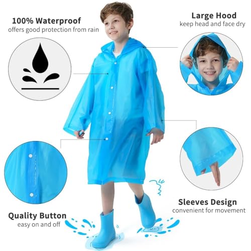 Opret 2 Pack Raincoats for Kids, Reusable Rain Ponchos with Hood and Sleeves Waterproof Rain Coats for Boys and Girls