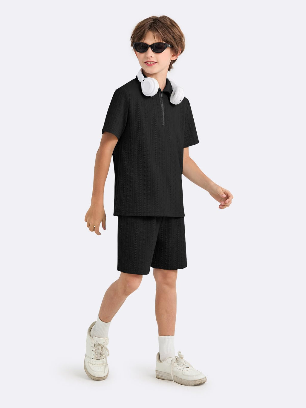 Haloumoning Boys 2 Piece Summer Outfits Kids Quarter Zip Polo Shirt and Shorts Set Athletic Tracksuit 5-14 Years