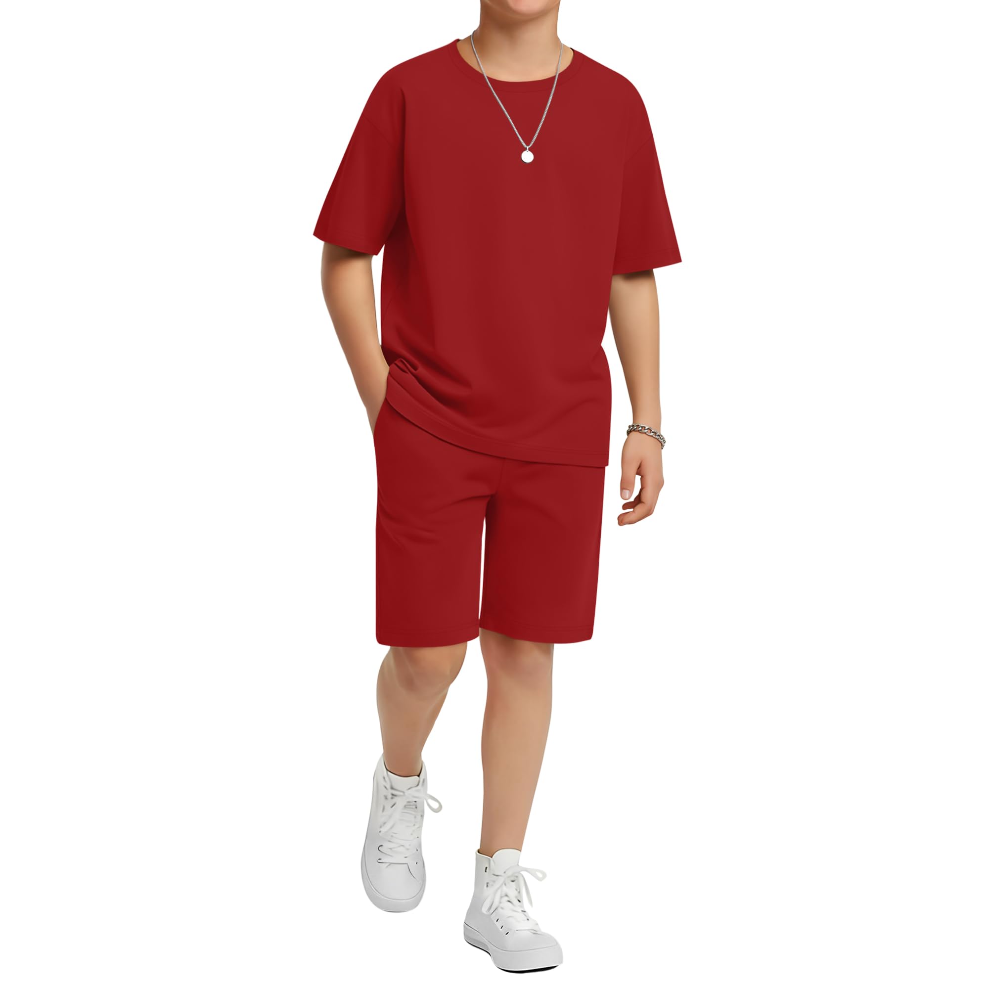 LessonZoo Boy's 2 Piece Outfits Set Summer Comfy Crewneck Oversized Short Sleeve Shirts Shorts Casual Clothing 5-14 Years