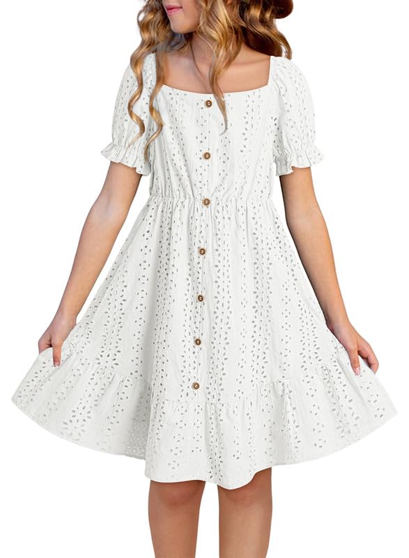 DOKOTOO KIDS Girls Dresses Summer Short Sleeve Casual A-line Button Down Eyelet Midi Dress 6-15 Years