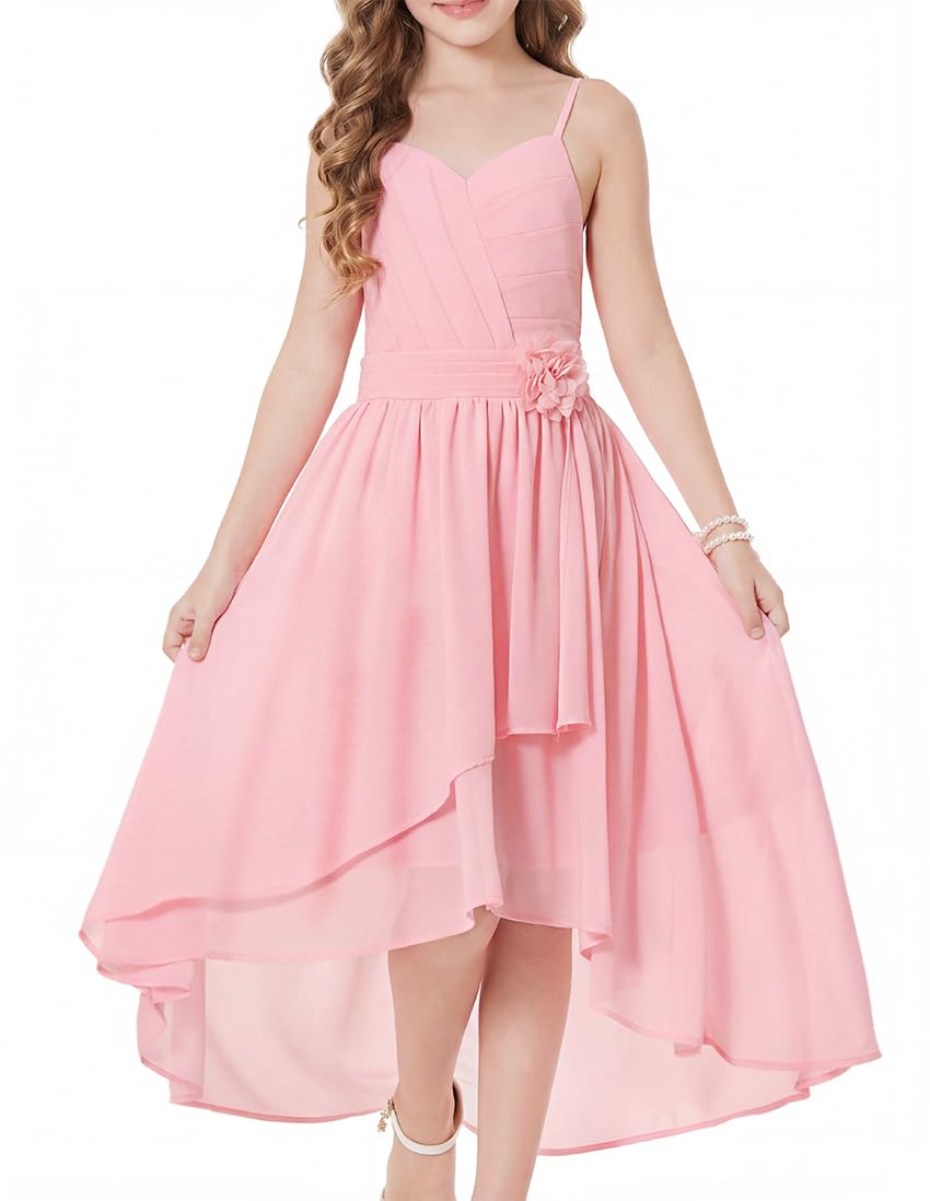 GRACE KARIN Girls Chiffon Summer Dresses Teen Long Party Formal Dress Flower Bridesmaid Straps Shirred High Low Clothes 6-14