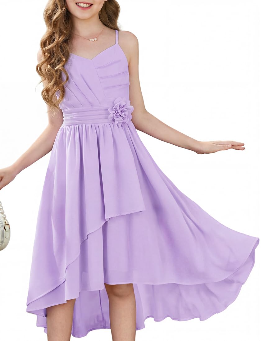 GRACE KARIN Girls Chiffon Summer Dresses Teen Long Party Formal Dress Flower Bridesmaid Straps Shirred High Low Clothes 6-14
