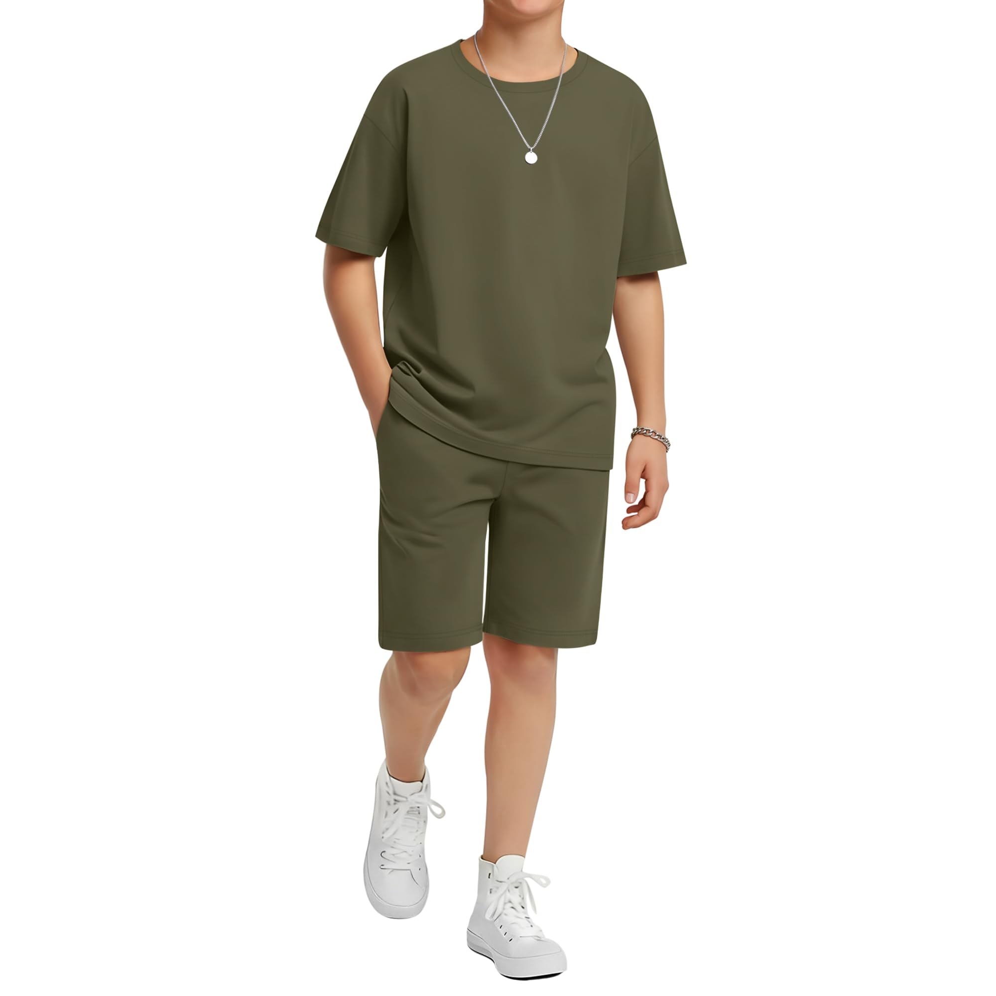 LessonZoo Boy's 2 Piece Outfits Set Summer Comfy Crewneck Oversized Short Sleeve Shirts Shorts Casual Clothing 5-14 Years