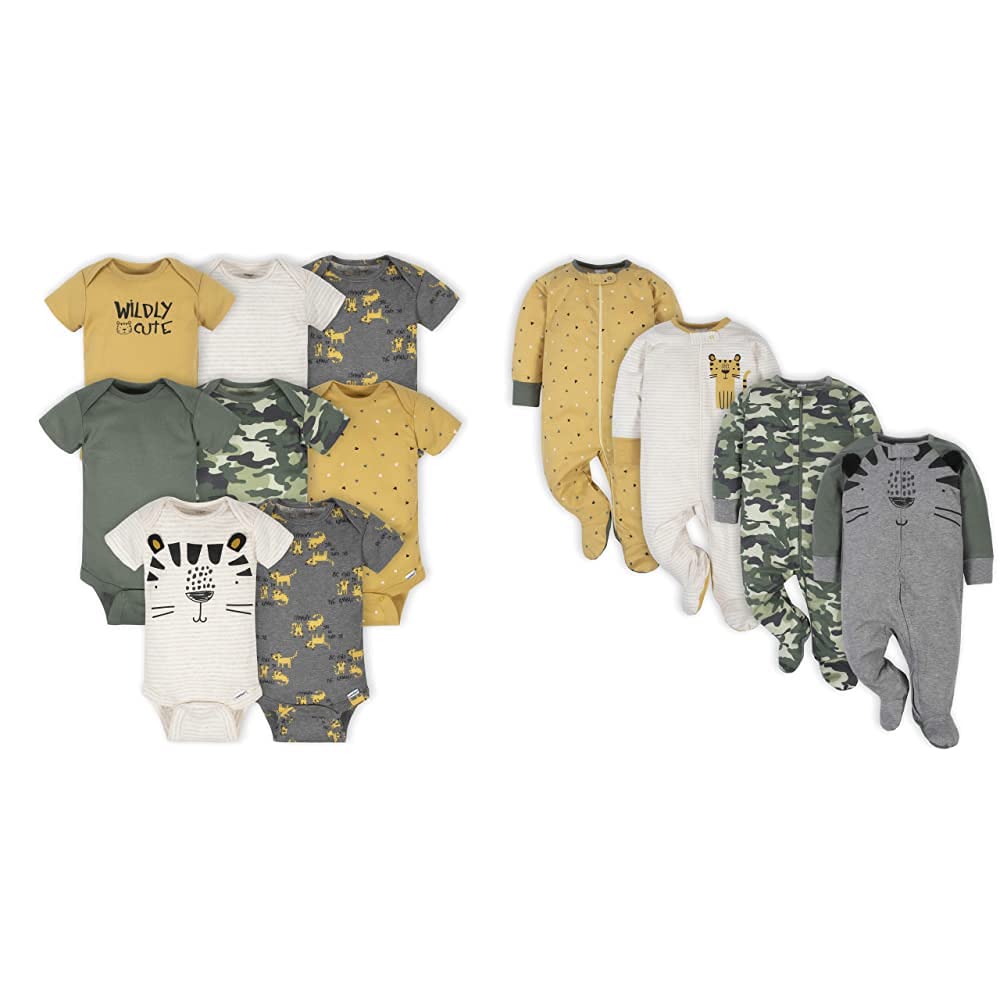 Gerber Baby Boys' 8-pack Short Sleeve Onesies and 4-Pack Sleep 'N Play Clothing Bundle, Tiger, 0-3M