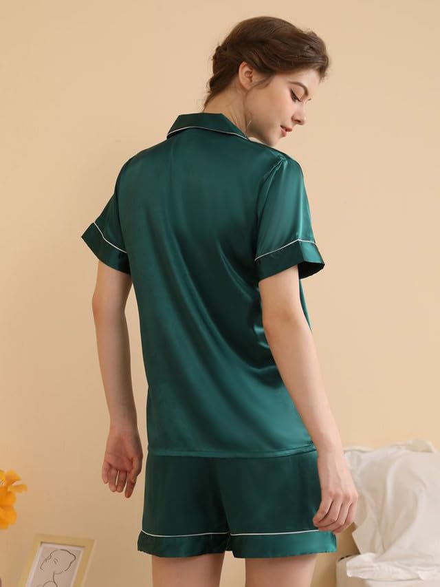 IFFEI Matching Family Silk Pajamas Set Satin Button Down Loungewear 2 Piece Top and Shorts Pjs for Couples with Pocket