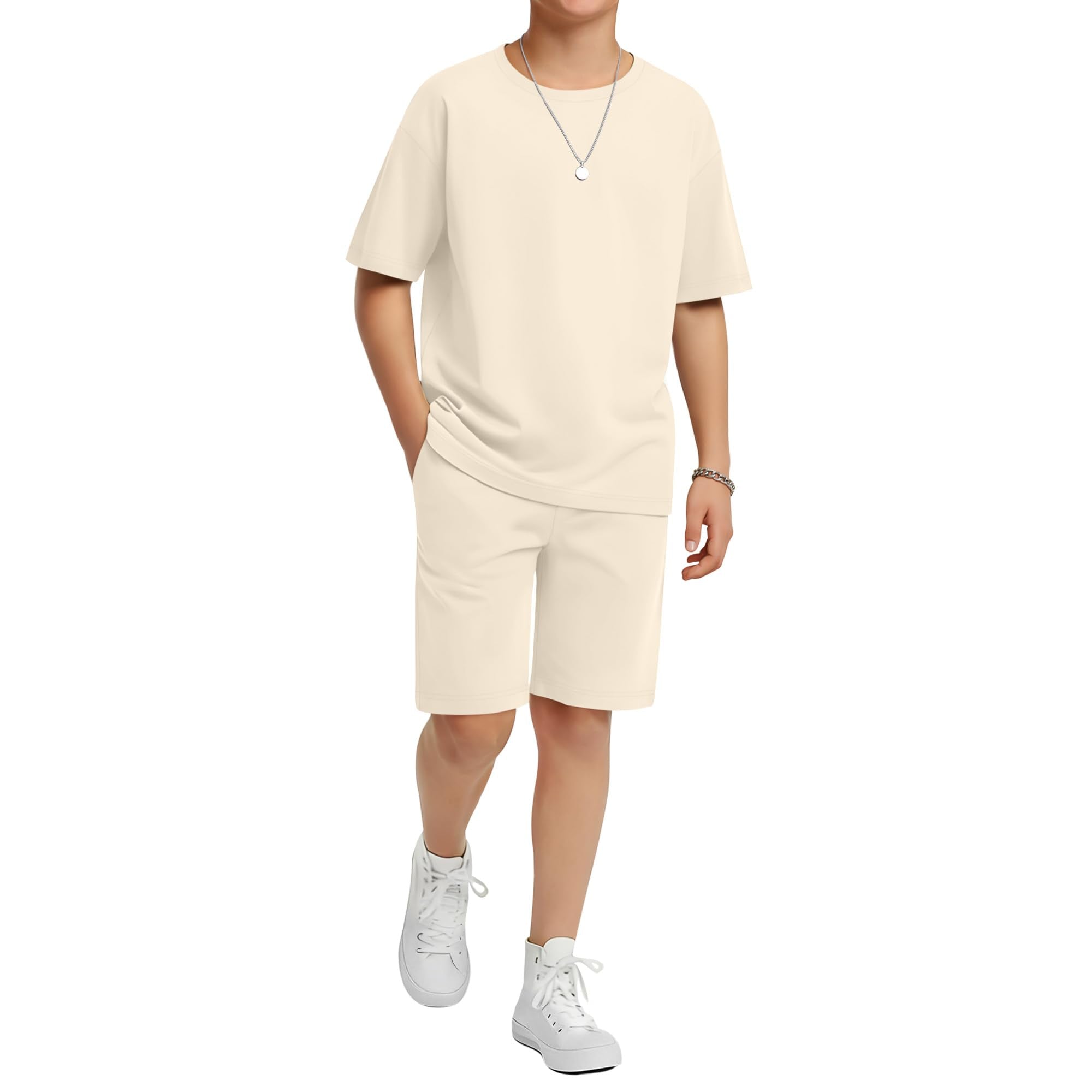 LessonZoo Boy's 2 Piece Outfits Set Summer Comfy Crewneck Oversized Short Sleeve Shirts Shorts Casual Clothing 5-14 Years