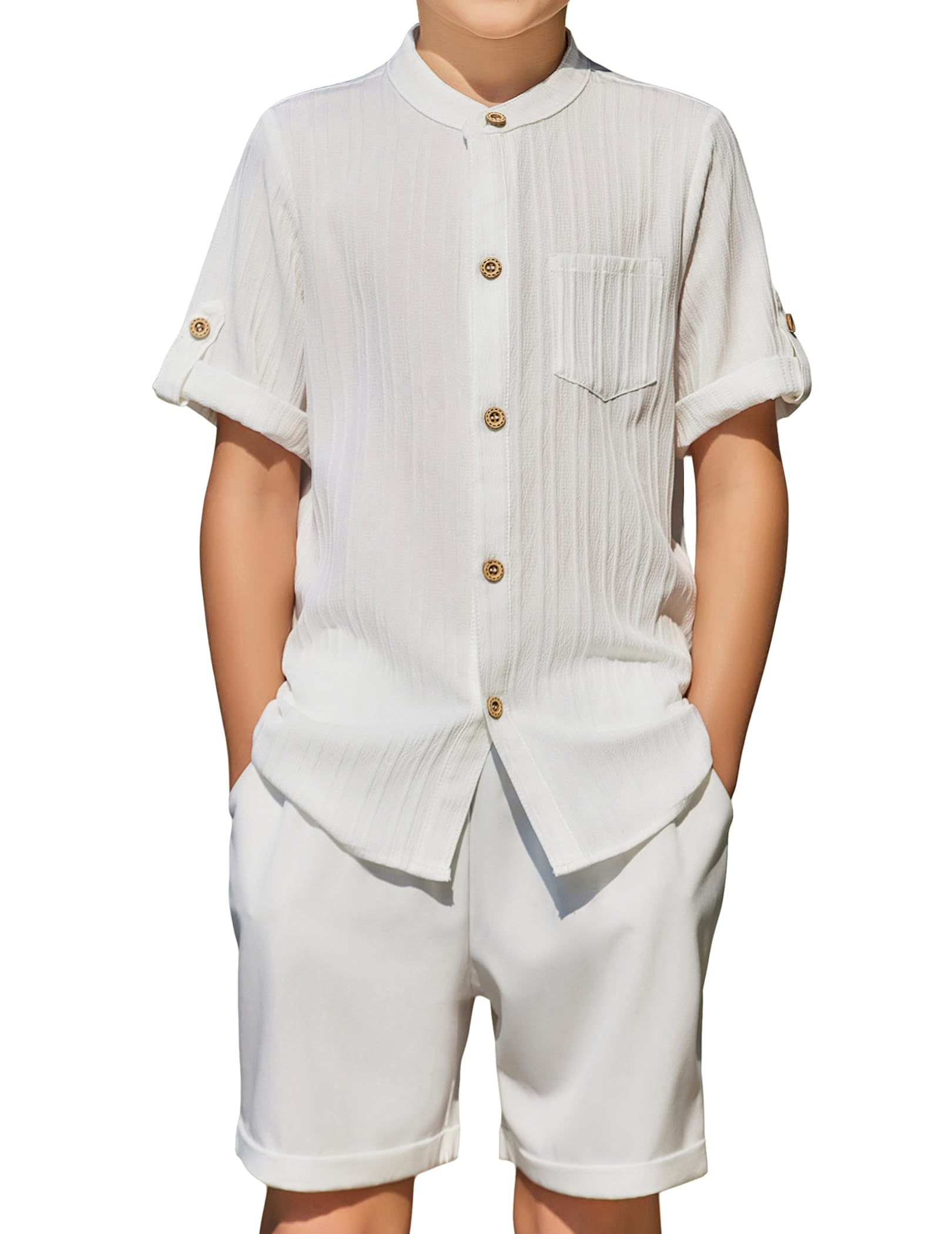 Arshiner Boy's 2 Piece Beach Outfit Short Sleeve Textured Button Down Shirt and Short Sets Summer Vacation Wear 4-12 Years