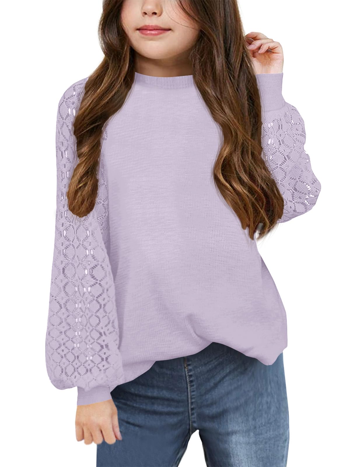 Apbondy Girls Long Sleeve Shirts Casual Crew Neck Lace Loose Blouse Tops