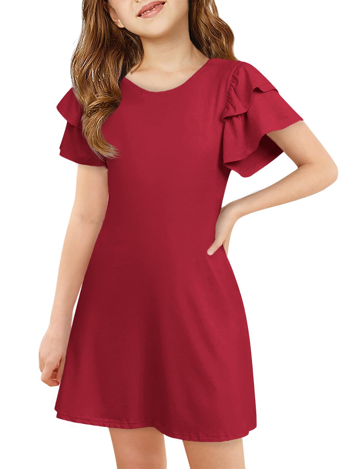 ZDC Girls Ruffle Sleeve Casual Dresses Summer Kids A Line Skater Dress 5-14 Years