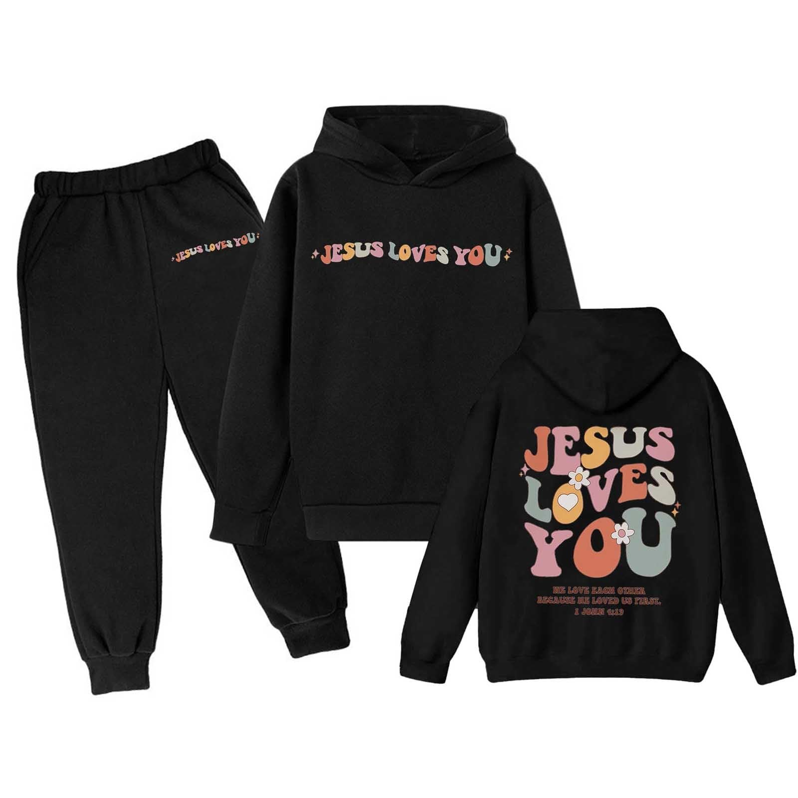 Boys Girls Tracksuits 2 Piece Love Like Jesus Letter Print Back to School Clothes Fall Trendy Sweatshirts and Sweatpant 3-13Y