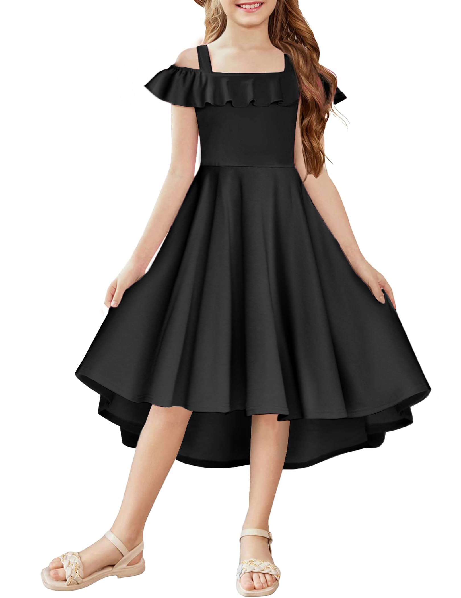 Arshiner Girls Summer Dress Off Shoulder Flutter Sleeve Midi Swing Cassual Formal Dresses with Pocket
