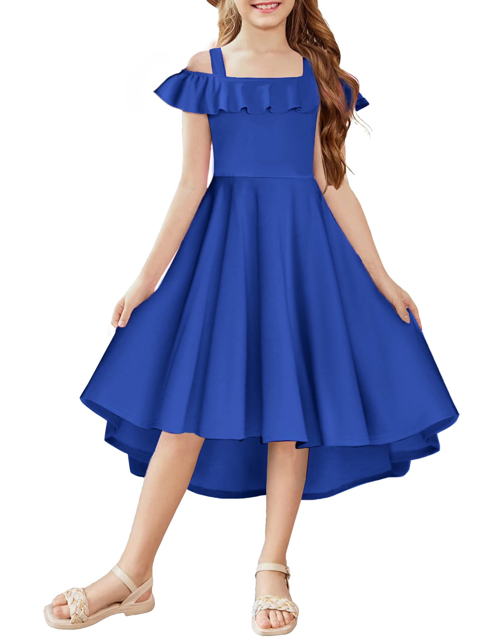 Arshiner Girls Summer Dress Off Shoulder Flutter Sleeve Midi Swing Cassual Formal Dresses with Pocket