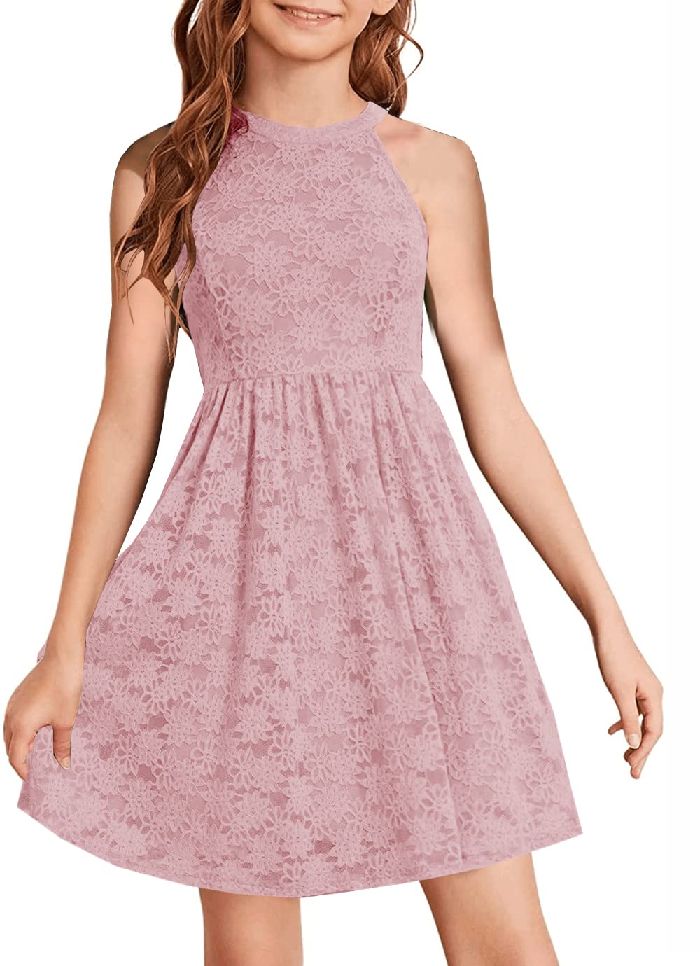 HOSIKA Girls Halter Neck Sleeveless Elegant Floral Lace A-line Flared Swing Party Dress for 6-12 Years Kid