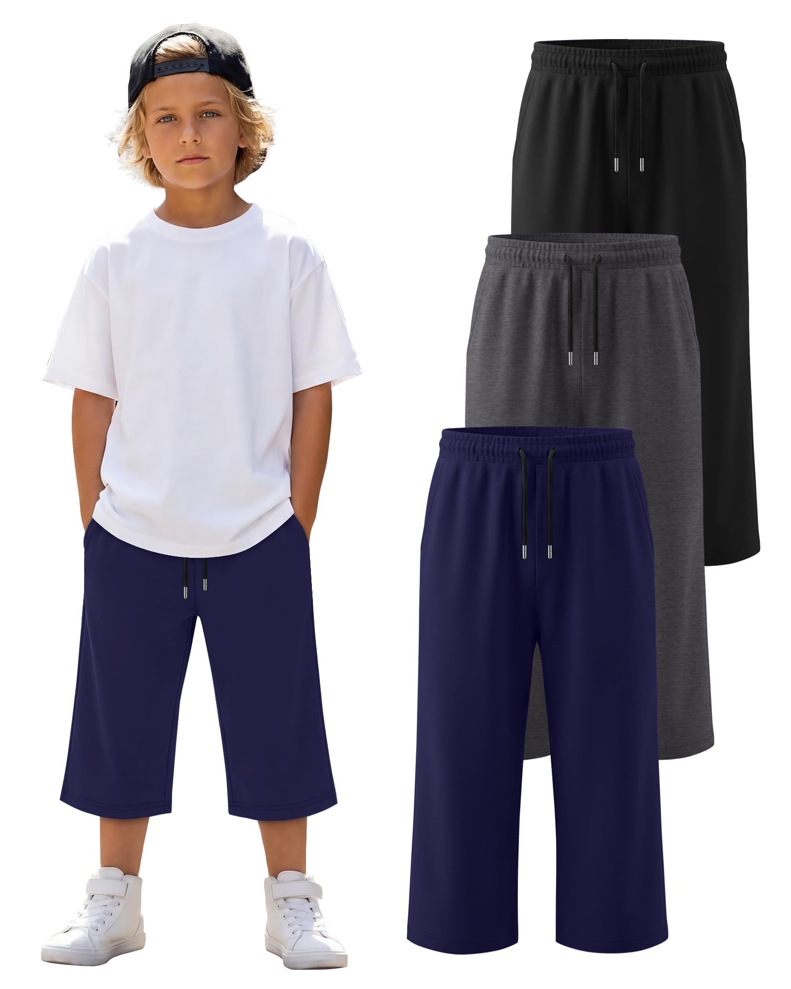 LessonZoo 3 Pack Boys Capri Pants Teen Kids Wide Leg Drawstring Joggers Below Knee Shorts 3/4 Baggy Sweatpants with Pockets