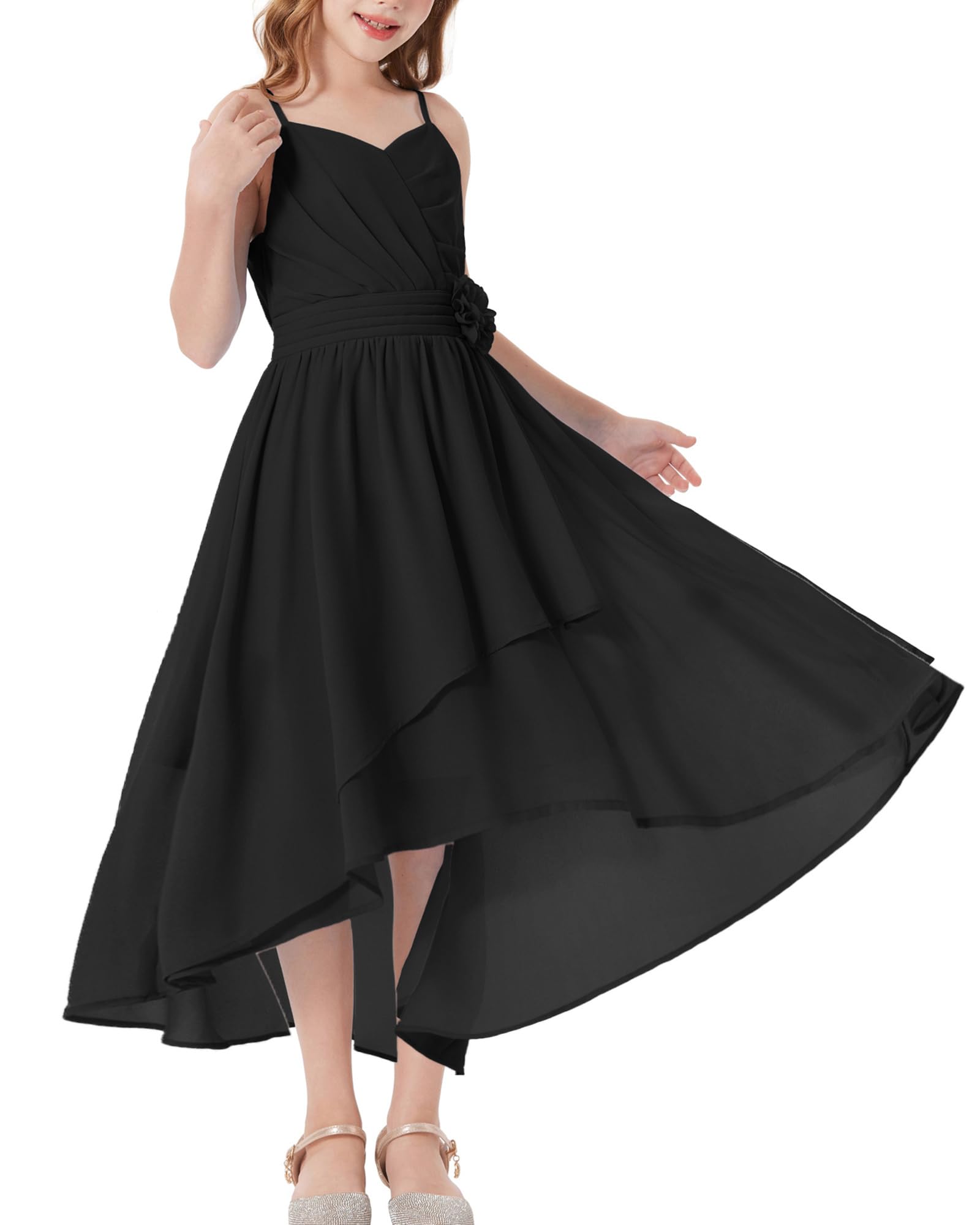 GRACE KARIN Girls Chiffon Summer Dresses Teen Long Party Formal Dress Flower Bridesmaid Straps Shirred High Low Clothes 6-14