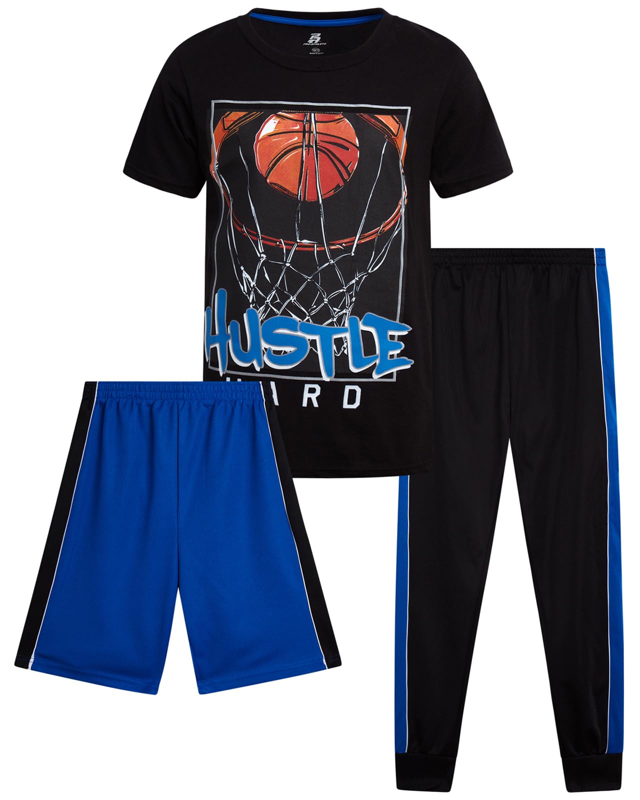 Pro Athlete Boys Pants Set - 3 Piece Active Short Sleeve Graphic Tees Athletic Shorts and Jogger Sweatpants for Boys