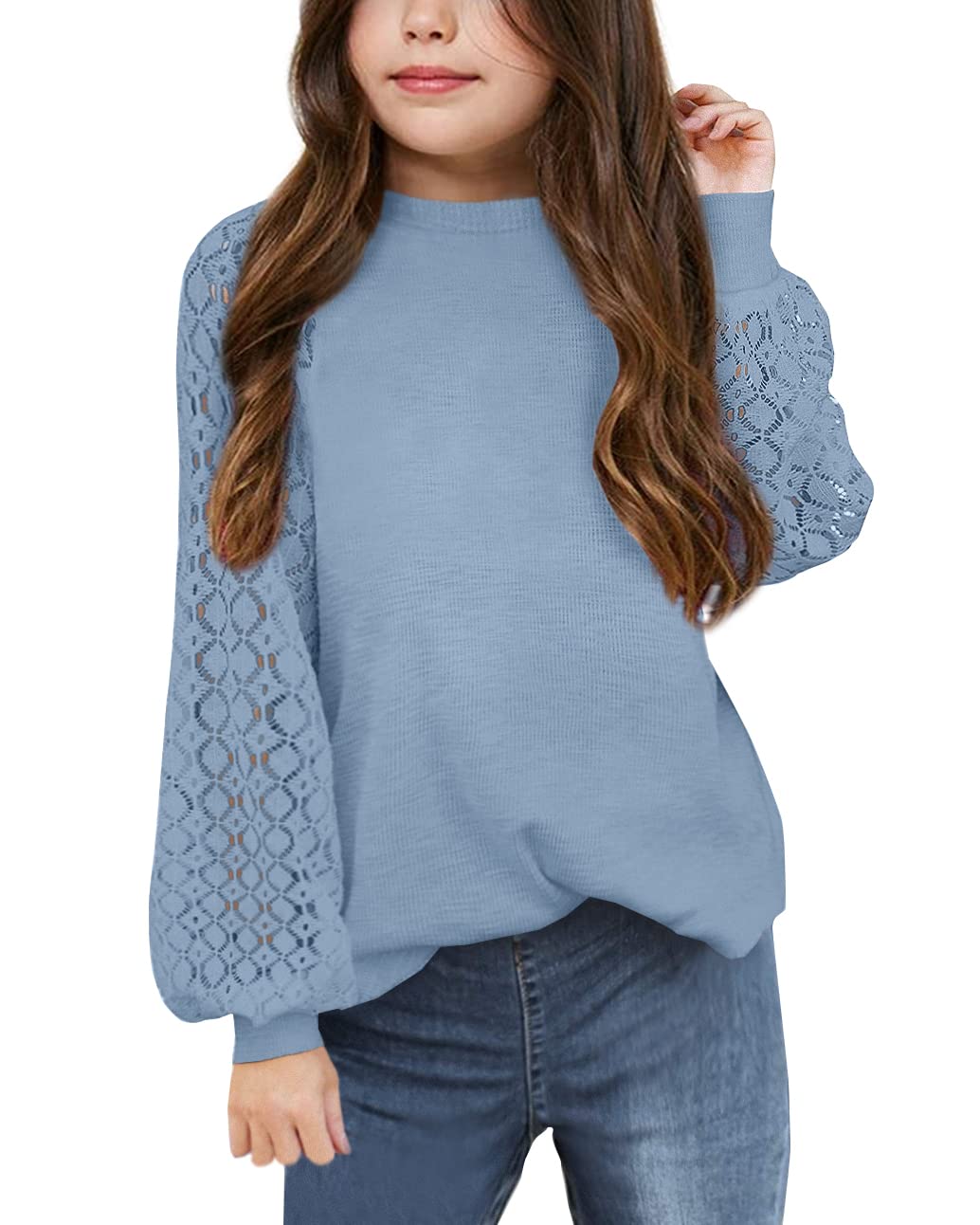 Apbondy Girls Long Sleeve Shirts Casual Crew Neck Lace Loose Blouse Tops
