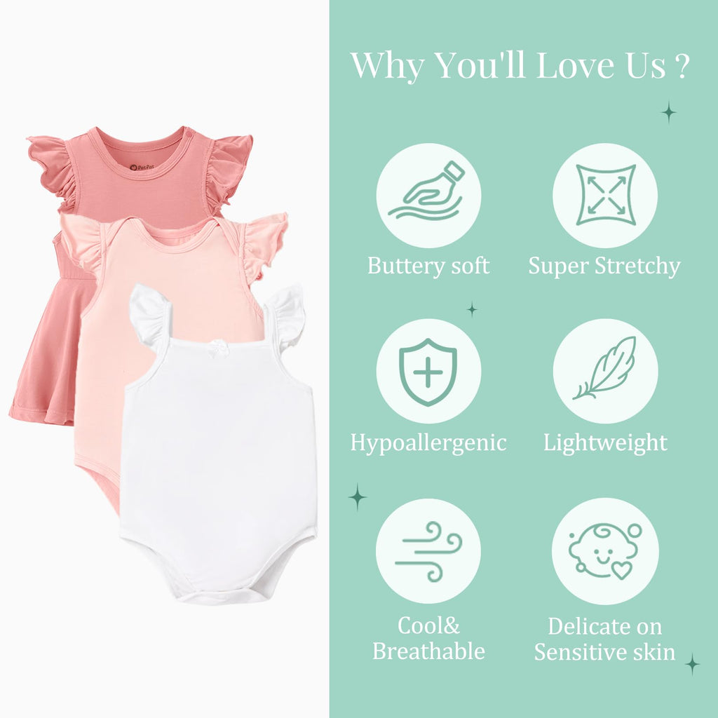PATPAT Baby Girl Bodysuits 3-Pack - Soft Bamboo Viscose Summer Outfits for Newborn Infant and Toddler