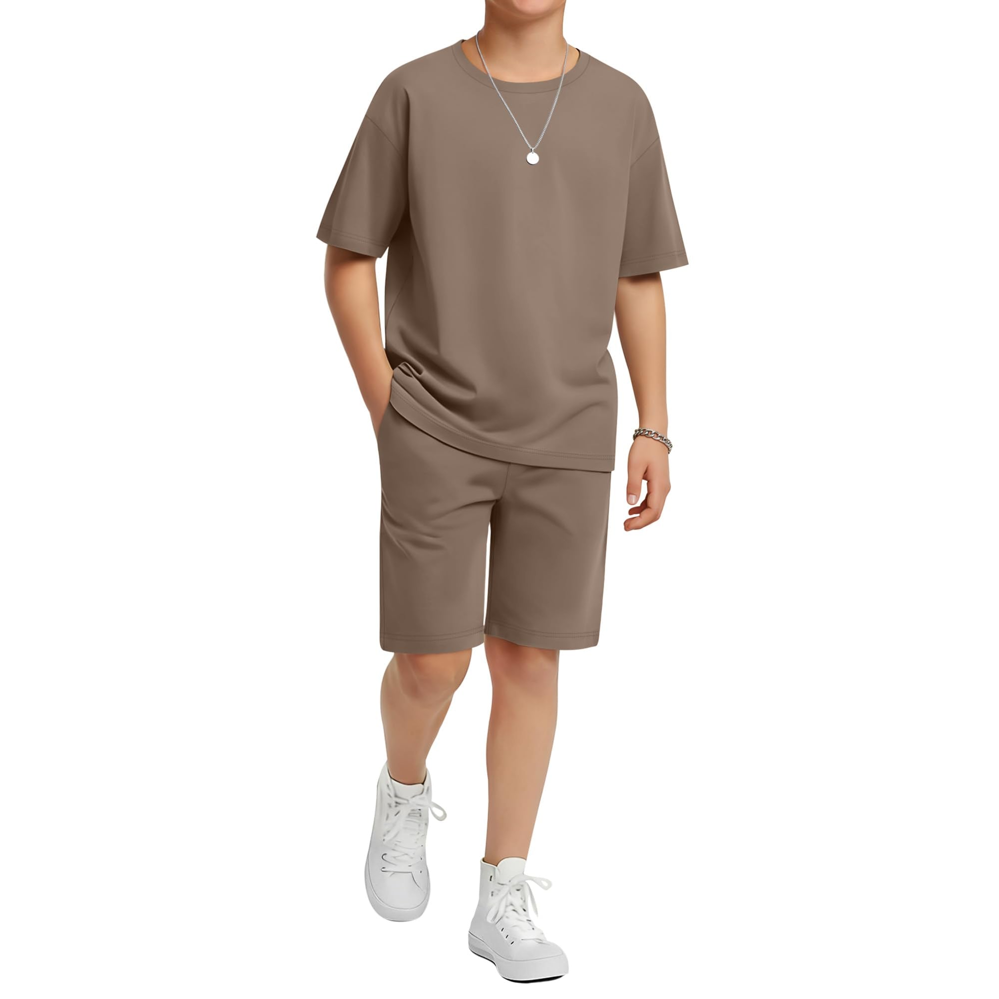 LessonZoo Boy's 2 Piece Outfits Set Summer Comfy Crewneck Oversized Short Sleeve Shirts Shorts Casual Clothing 5-14 Years
