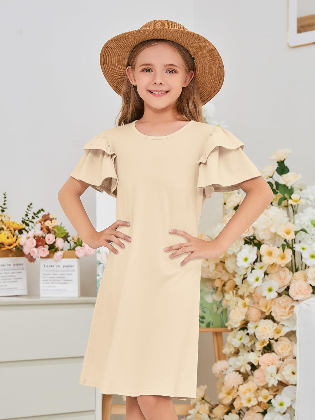ZDC Girls Ruffle Sleeve Casual Dresses Summer Kids A Line Skater Dress 5-14 Years