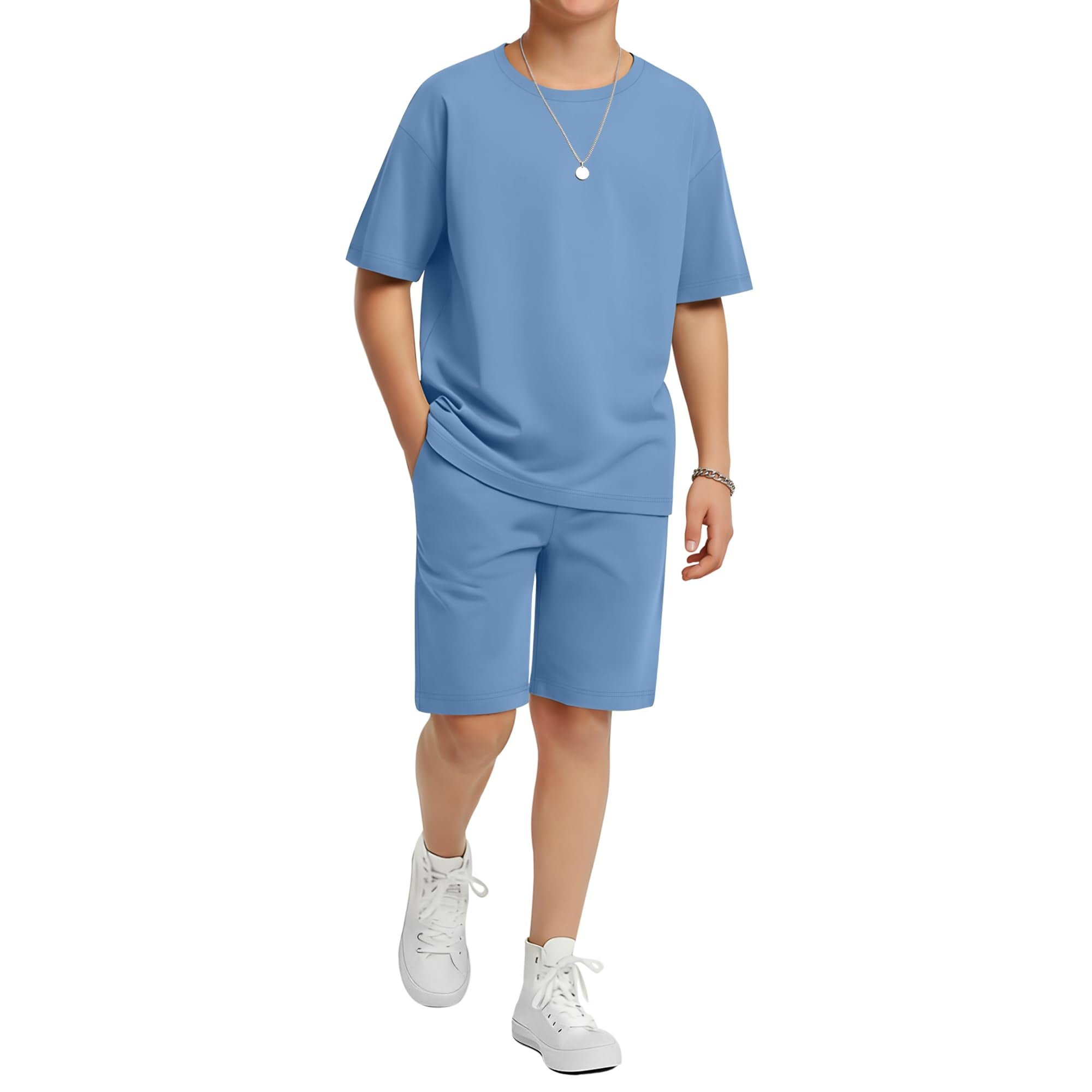 LessonZoo Boy's 2 Piece Outfits Set Summer Comfy Crewneck Oversized Short Sleeve Shirts Shorts Casual Clothing 5-14 Years