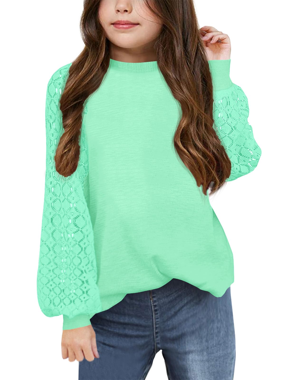 Apbondy Girls Long Sleeve Shirts Casual Crew Neck Lace Loose Blouse Tops
