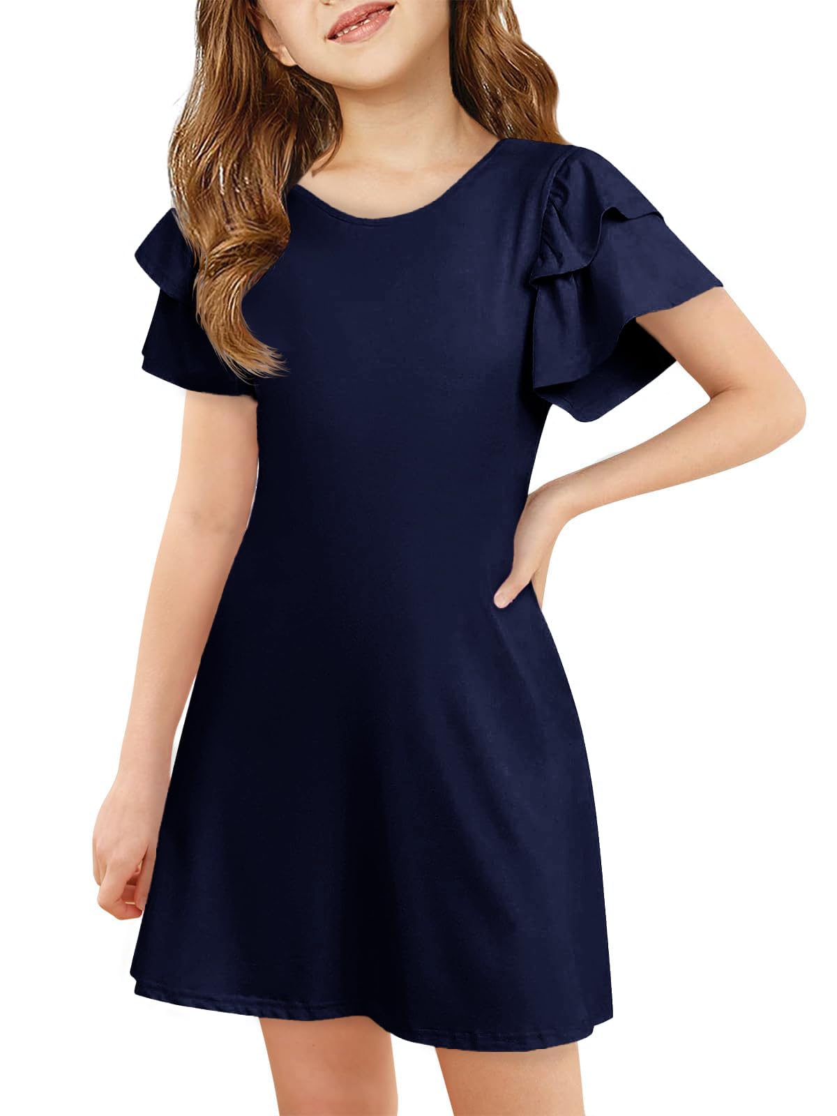 ZDC Girls Ruffle Sleeve Casual Dresses Summer Kids A Line Skater Dress 5-14 Years