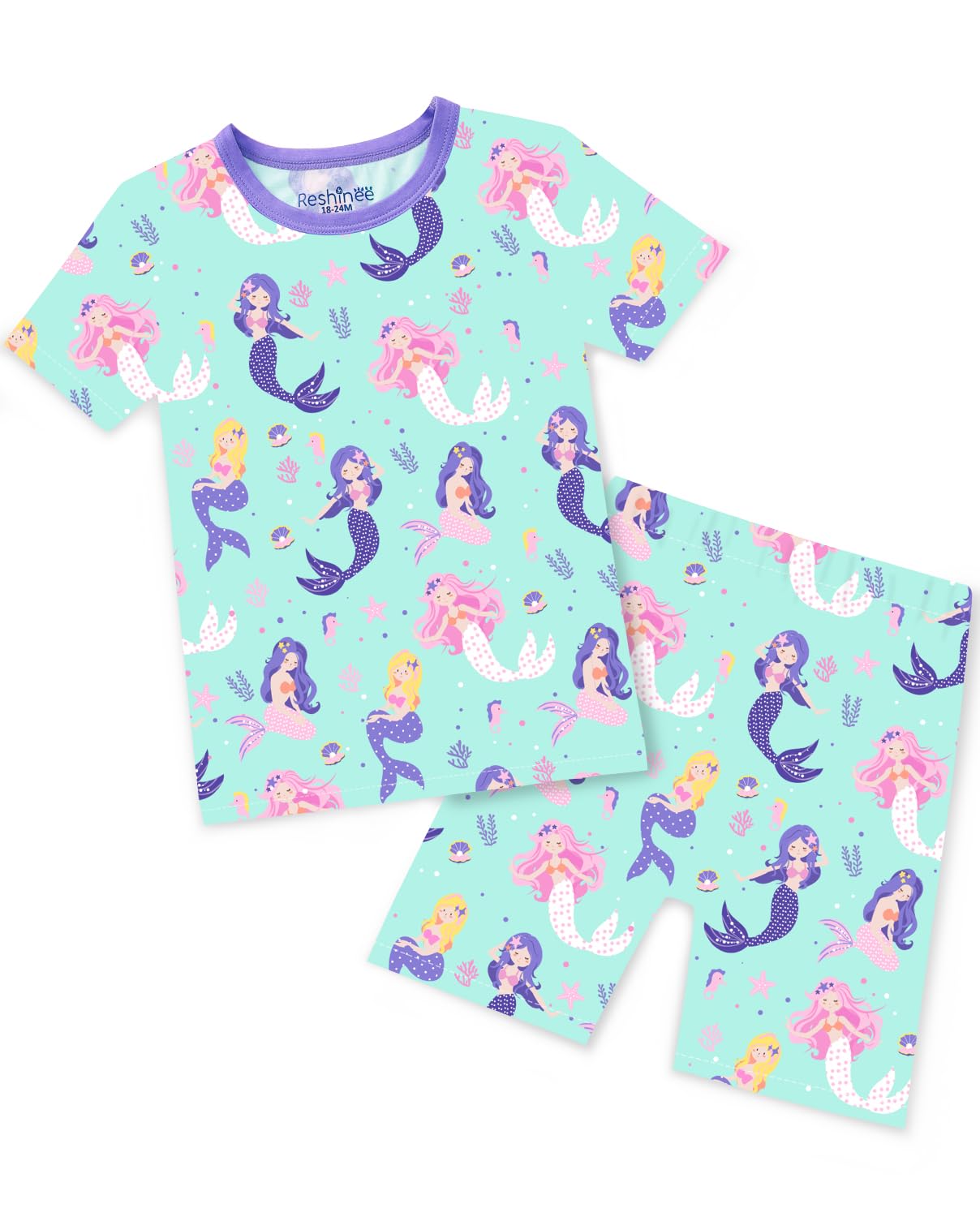 babee Reshinee Bamboo Viscose Toddler Unicorn Mermaid Girls Kids Pajamas Short Sleeve Summer Cool Snug fit Pjs 12M-8Y 2pcs