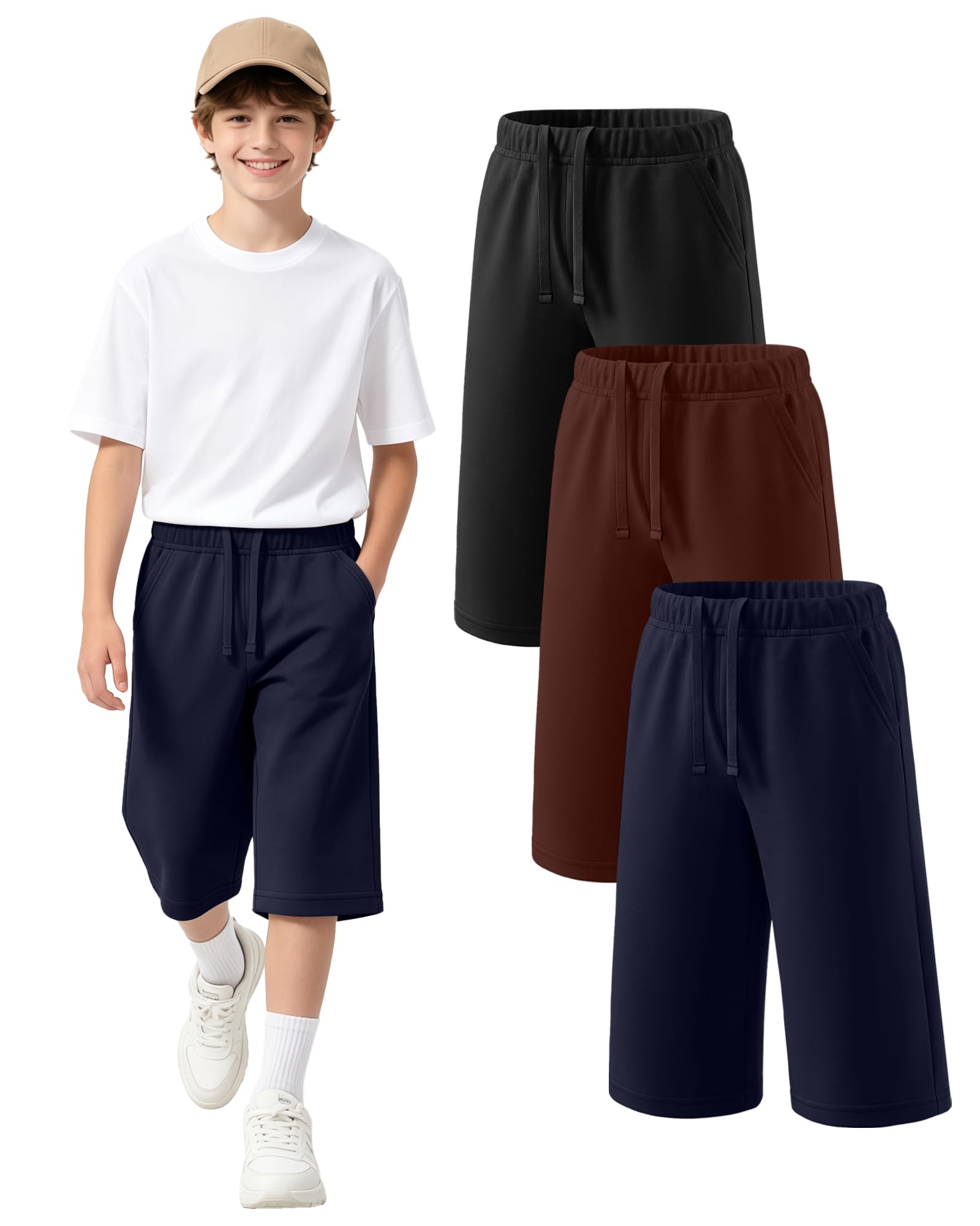 Langyiwee 3 Pack Boy's Long Shorts Wide Leg Athletic Lightweight Capri Pants with Pockets for 6-16 Years