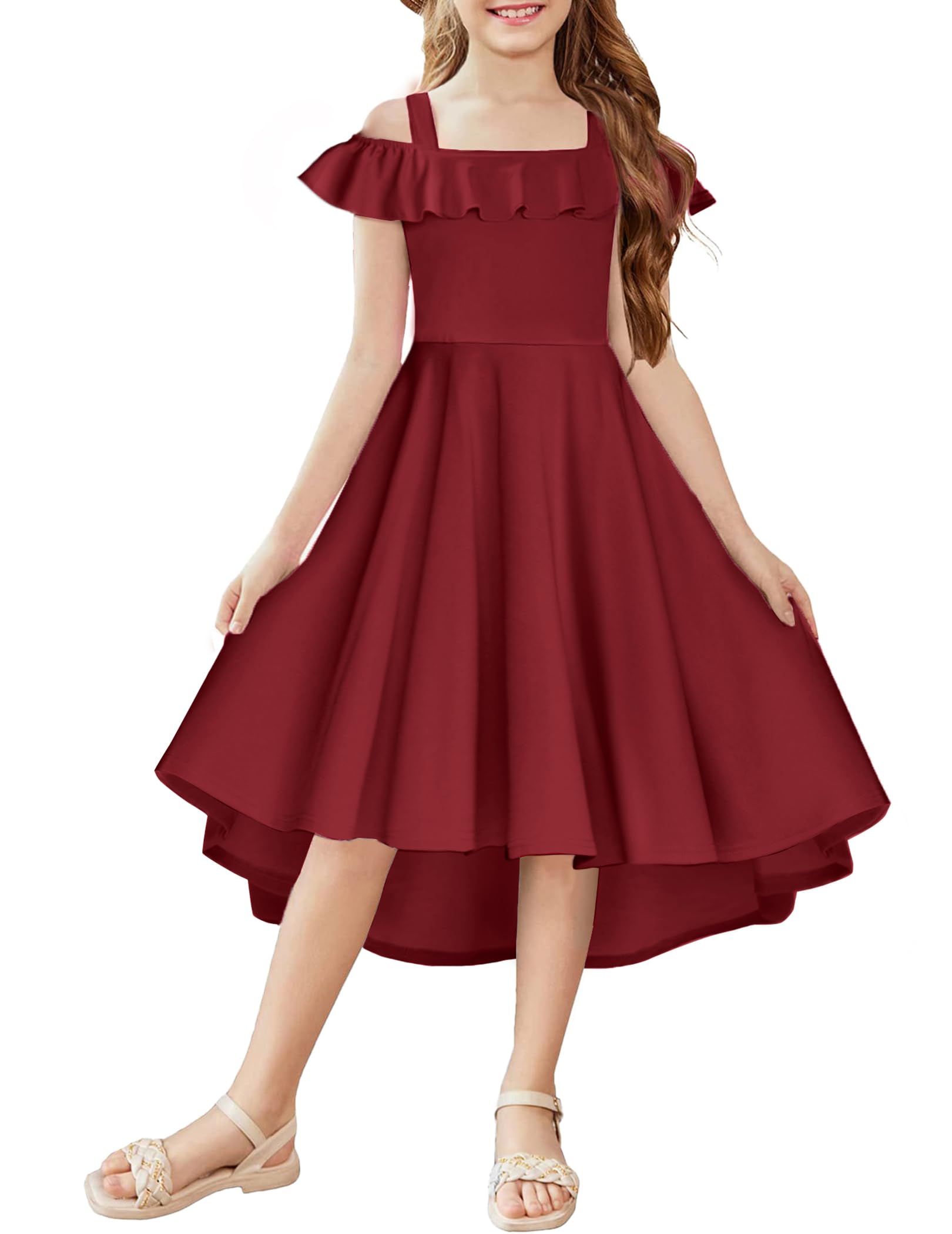 Arshiner Girls Summer Dress Off Shoulder Flutter Sleeve Midi Swing Cassual Formal Dresses with Pocket