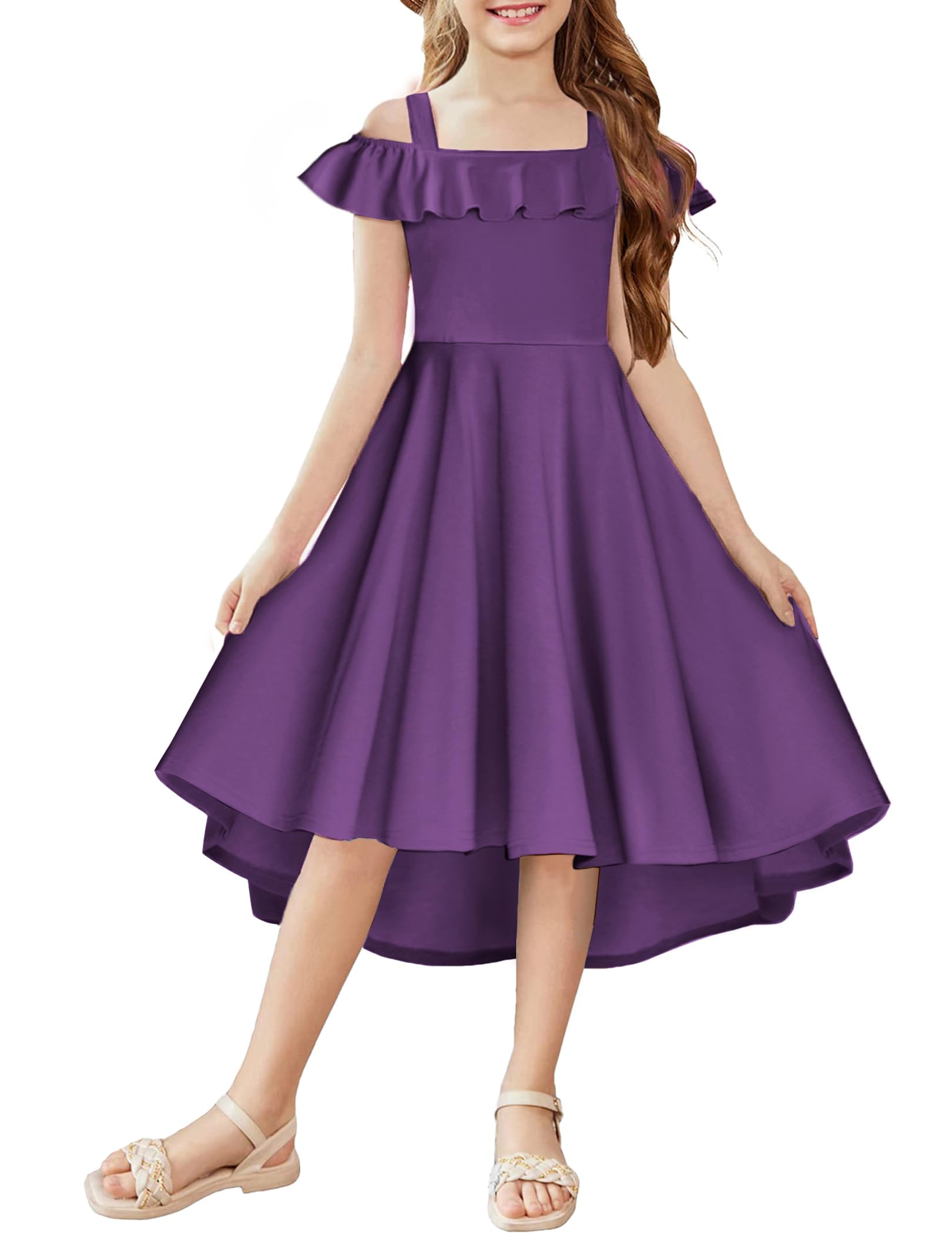 Arshiner Girls Summer Dress Off Shoulder Flutter Sleeve Midi Swing Cassual Formal Dresses with Pocket