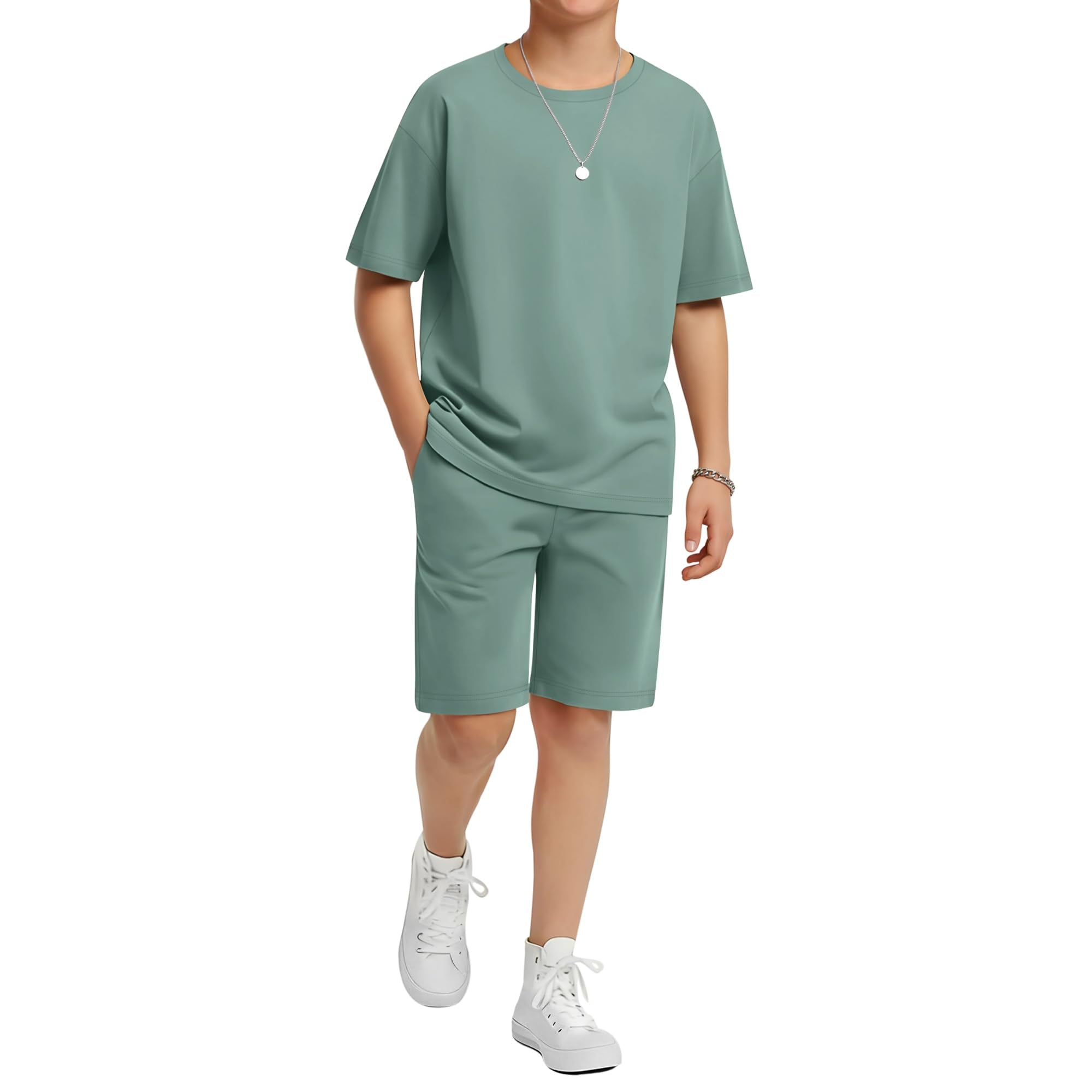 LessonZoo Boy's 2 Piece Outfits Set Summer Comfy Crewneck Oversized Short Sleeve Shirts Shorts Casual Clothing 5-14 Years