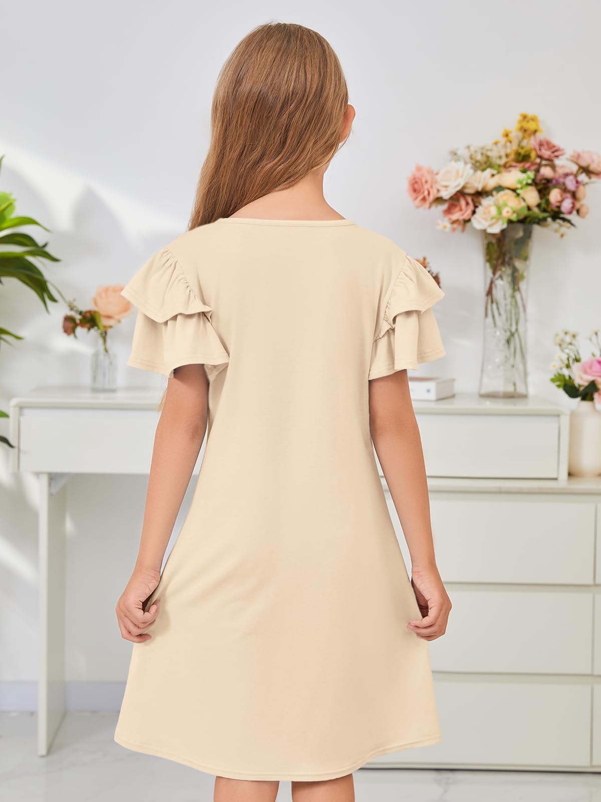 ZDC Girls Ruffle Sleeve Casual Dresses Summer Kids A Line Skater Dress 5-14 Years