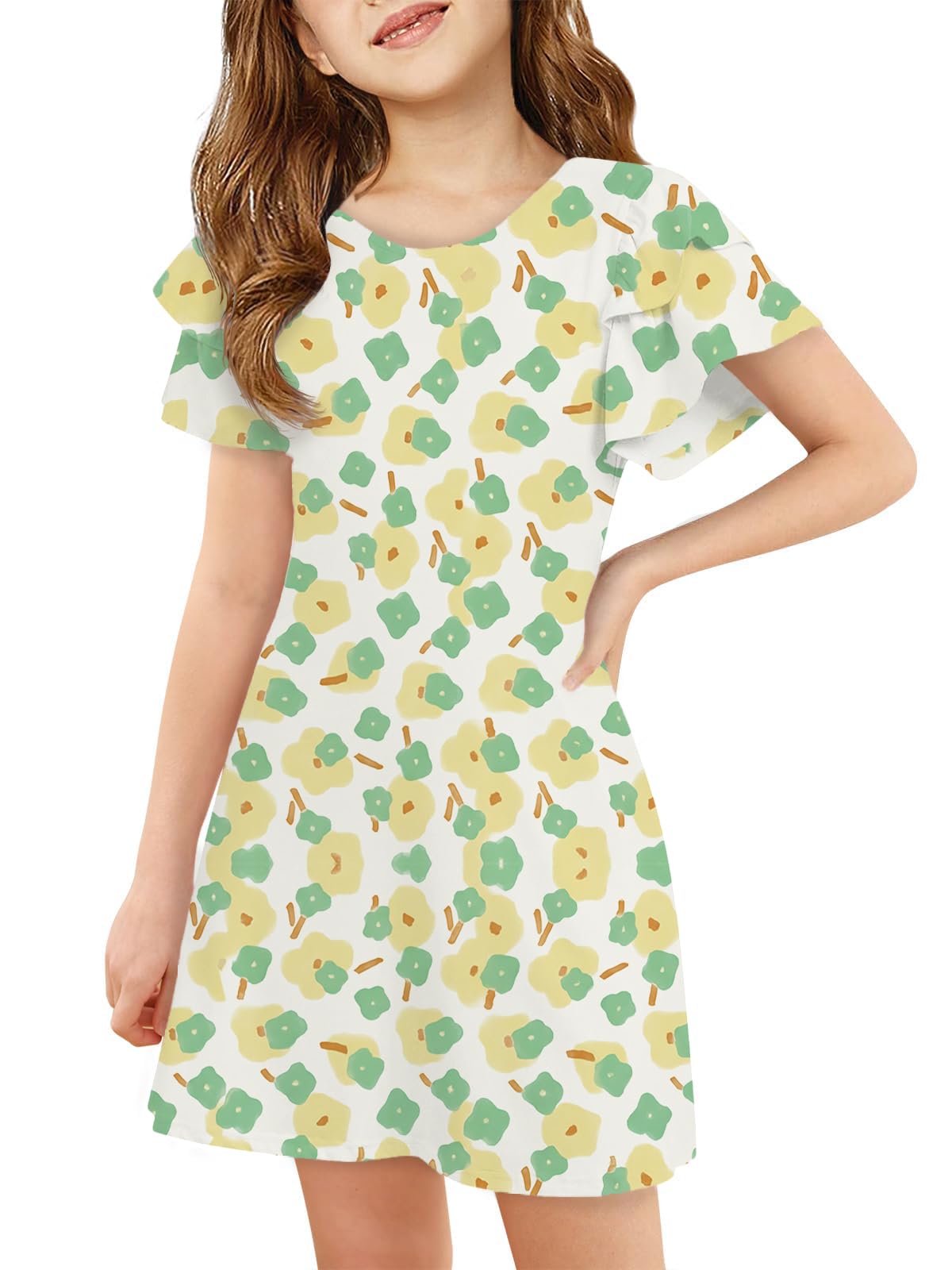 ZDC Girls Ruffle Sleeve Casual Dresses Summer Kids A Line Skater Dress 5-14 Years