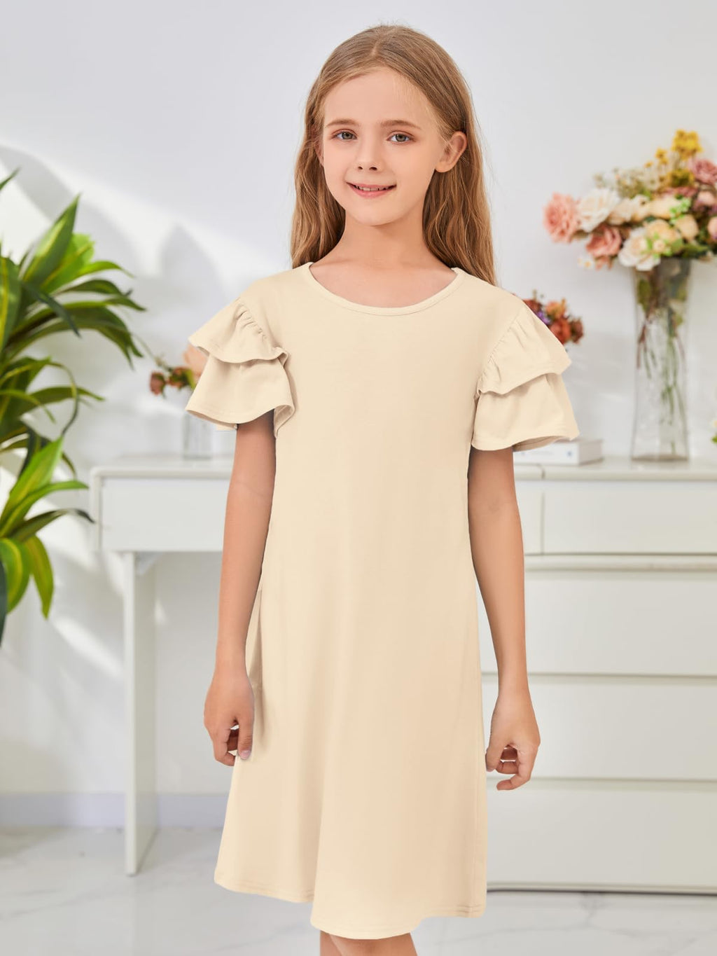 ZDC Girls Ruffle Sleeve Casual Dresses Summer Kids A Line Skater Dress 5-14 Years