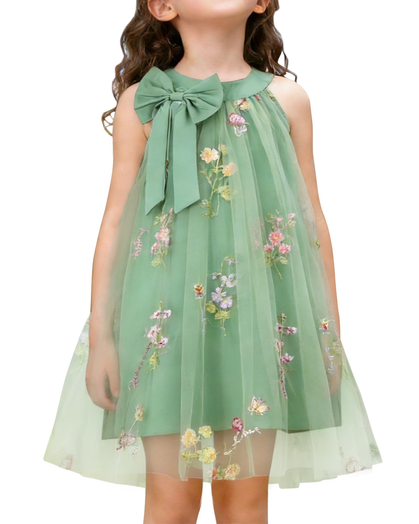 YALLET Flower Girl Dress Halter Neck Sleeveless Kids Dresses Collar Bow Embroidery Tulle Dress for Wedding Party Birthday